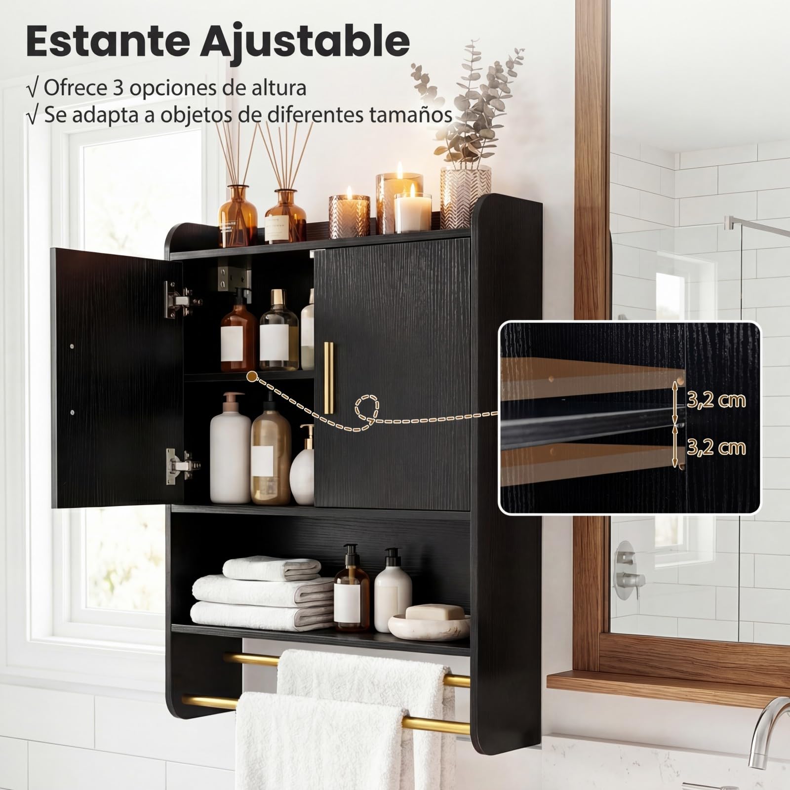 COSTWAY Armario de Pared para Baño, Armario de Almacenamiento con Puertas, Estante Ajustable, Compatimento Abierto, Barra para Colgar, Mueble Colagnte para Cocina, Salón, 55 x 20 x 80 cm (Negro)