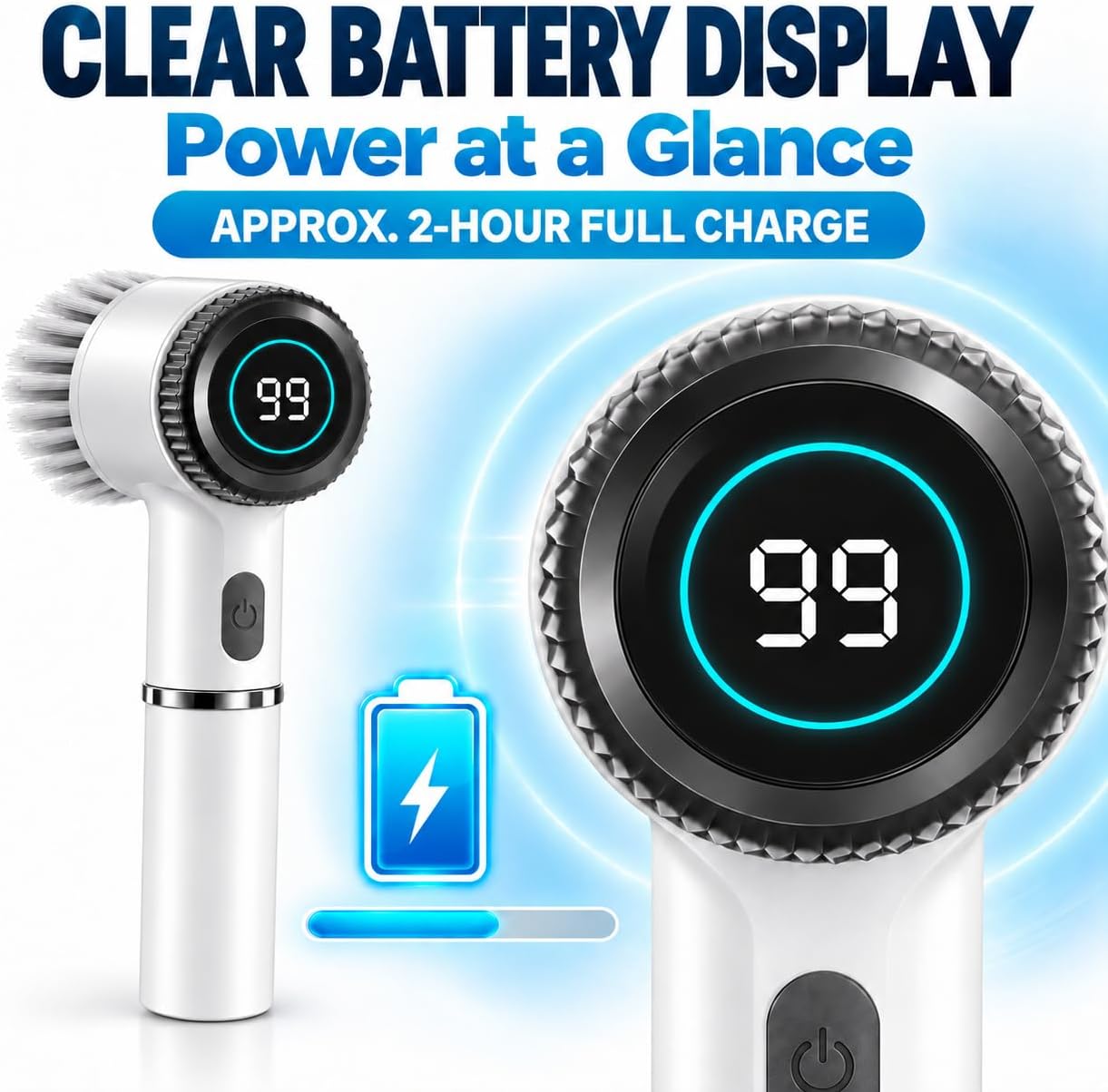 Electric Spin Scrubber Cordless with 3 Speeds, 5 Heads & Battery Display