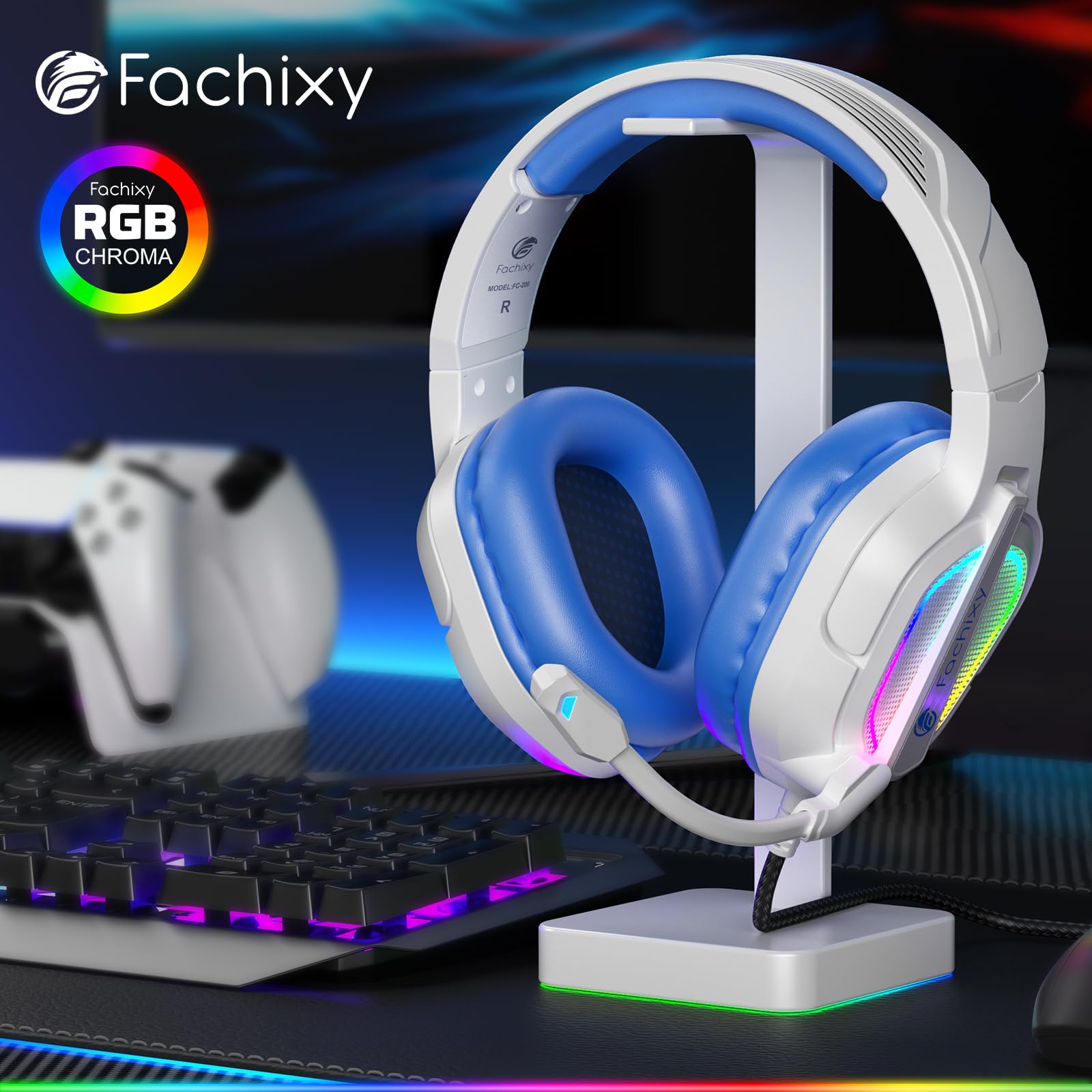 Fachixy FC200 Casque de Jeu pour PS4, PS5, Xbox, Switch, PC, Ordinateur avec Microphone, Casque de Jeu 3,5 mm avec lumière RVB