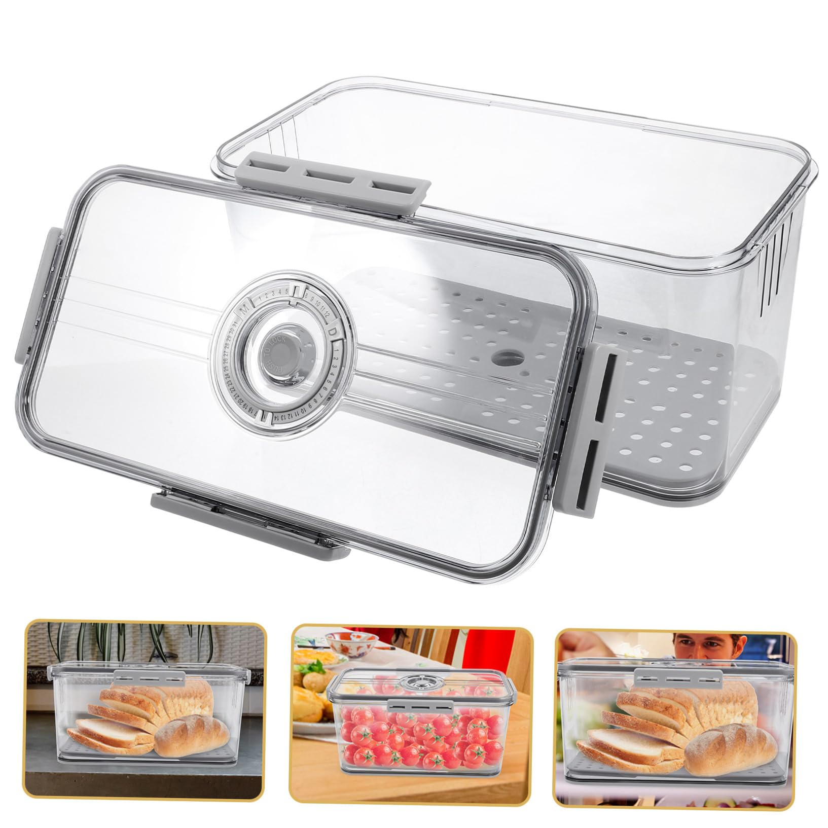 BESPORTBLE Caja Hermética para Pan con Temporizador y Tapa Transparente Contenedor de Almacenamiento para Alimentos Frescos con Cierre de Lados y Base con Drenaje para Cocina y Refrigerador