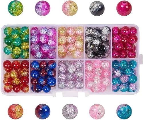 200 cuentas de cristal de 10 colores agrietados de 0.315 in, redondas, hechas a mano, cuentas de cristal para hacer joyas, adornos de árbol de
