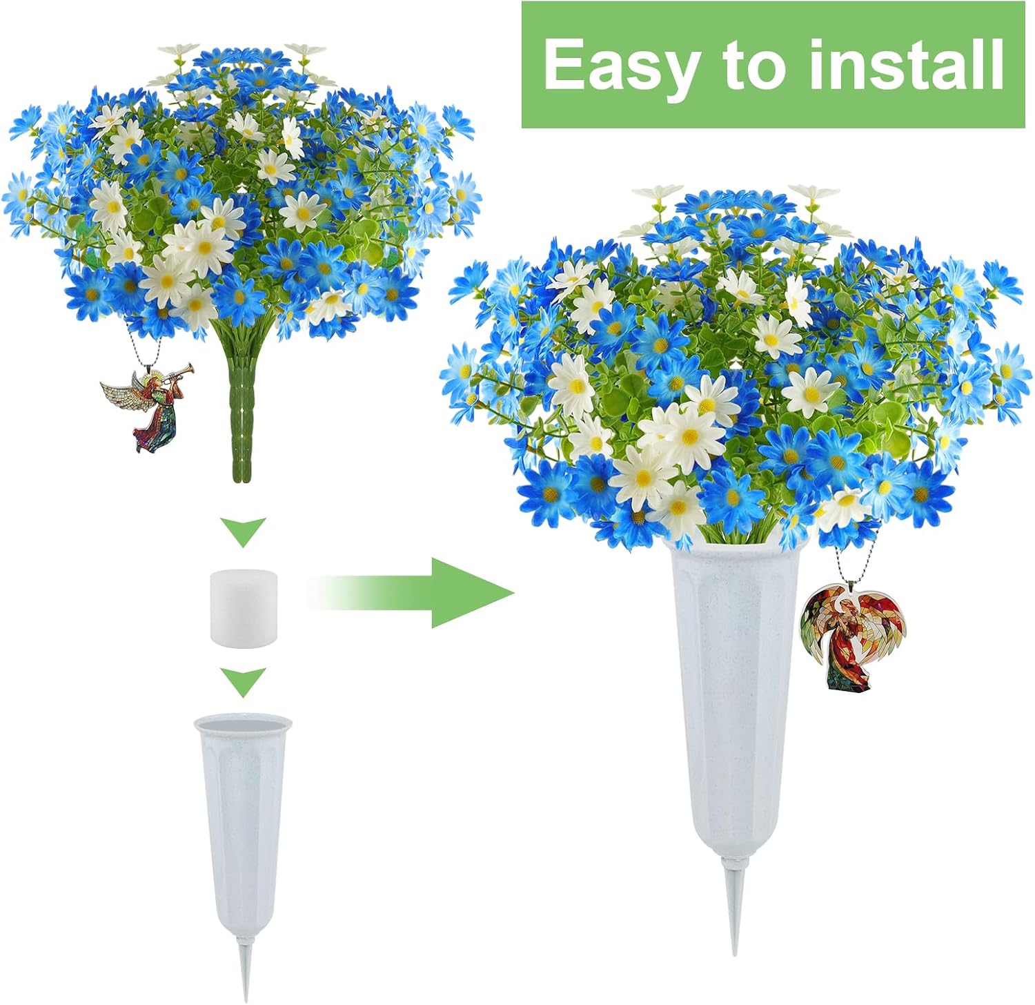 Cemetery Artificial Flowers with Vase Angel Mark - 2 Set Artificial Blue Chrysanthemums Grave Memorial Flowers- Prayer Angel & Trumpet Angel Memorial Pendant for Headstones Gravesite Decoration