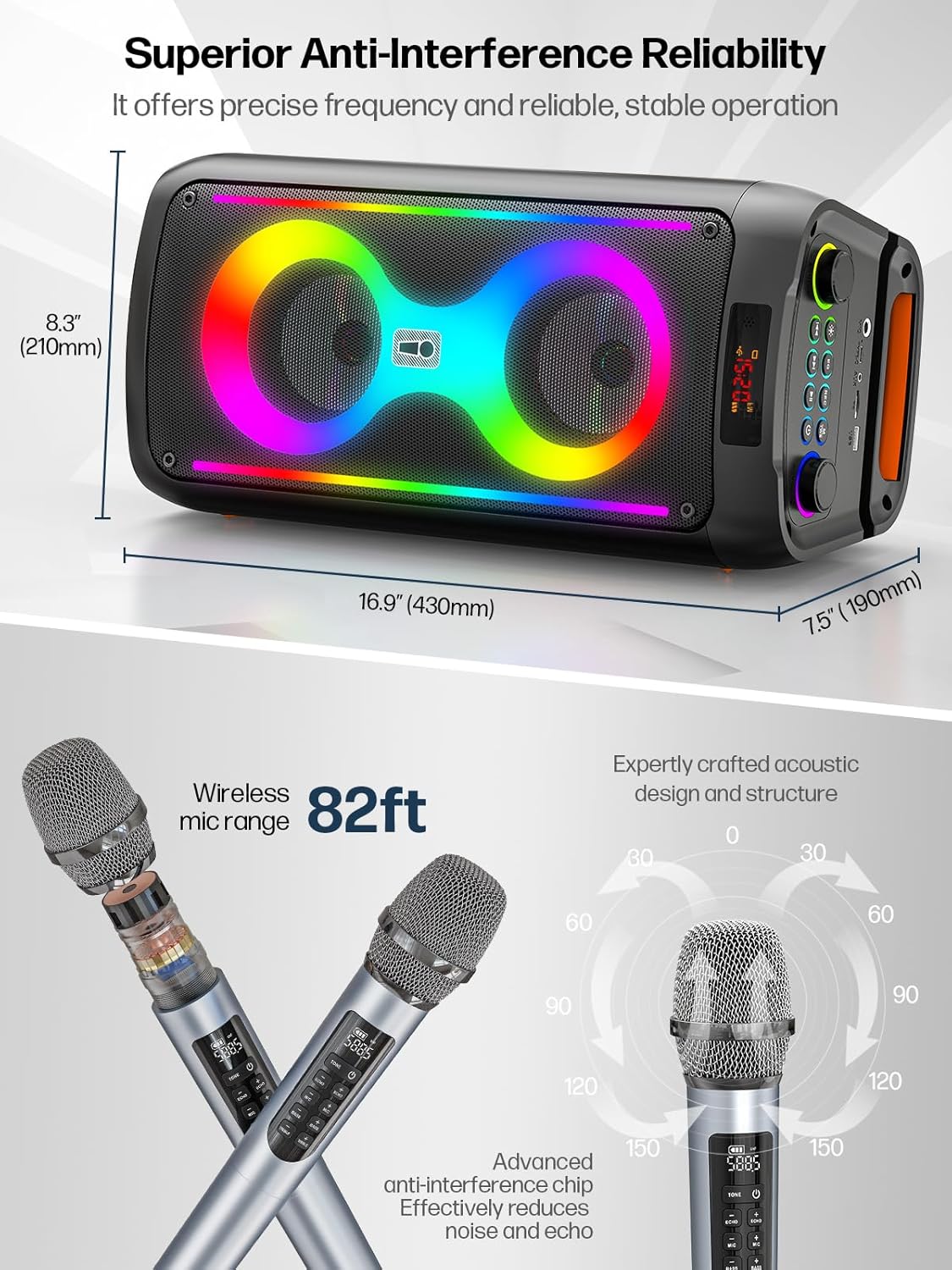 Karaoke Machine, Portable Outdoor Speaker with 2 Wireless Microphones, PA System with LED Lights for Camping, Beach, Party, Supports USB/TF/REC/AUX, 6000mAh Battery, Ideal Gifts for Adults - Image 2