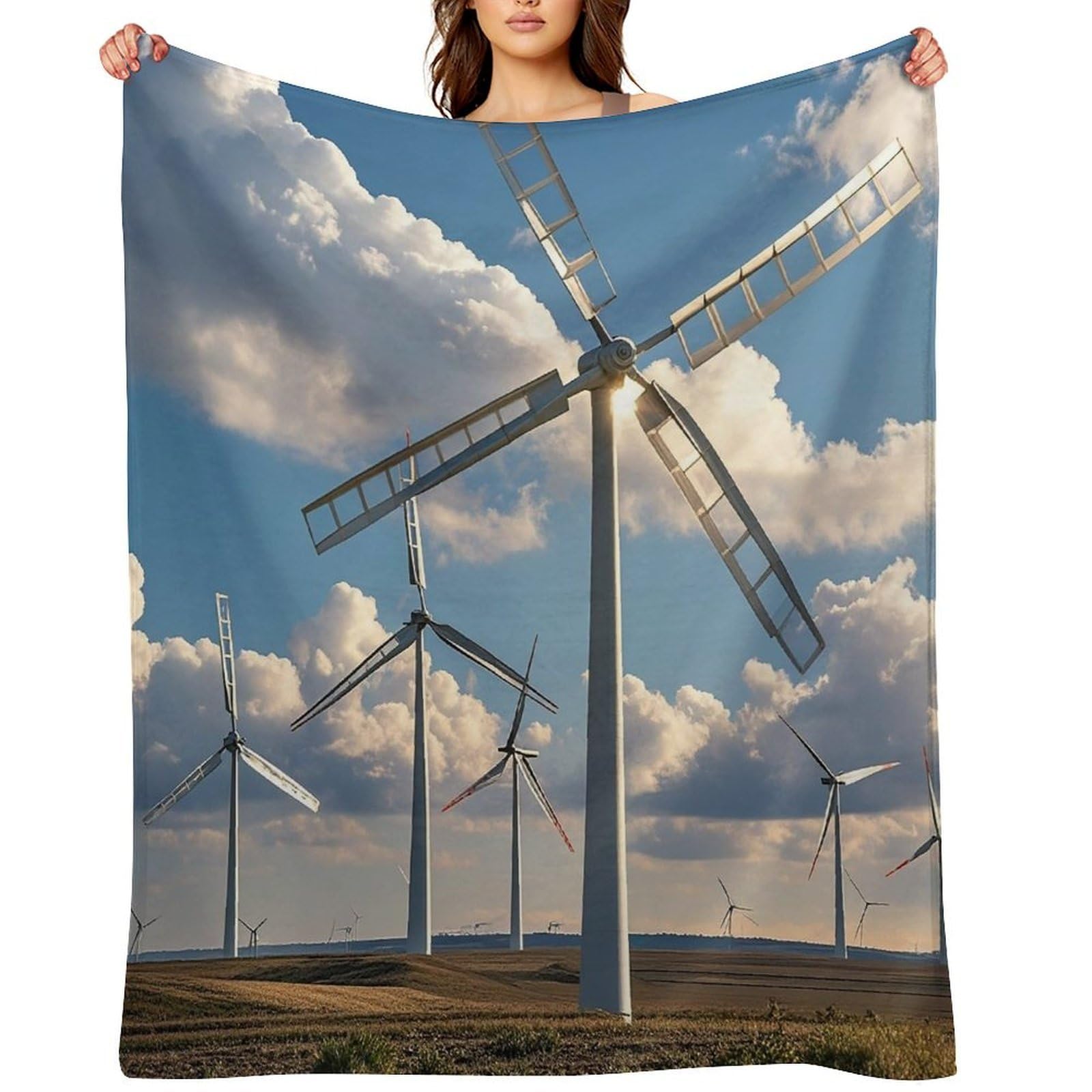 Flannel Windmills Throw Blanket for Couch Super Soft Fuzzy Cozy Flannel Blankets No Shed No Pilling FAnti-Static Winter Bed Blanket Decorative and Giftable Blankets