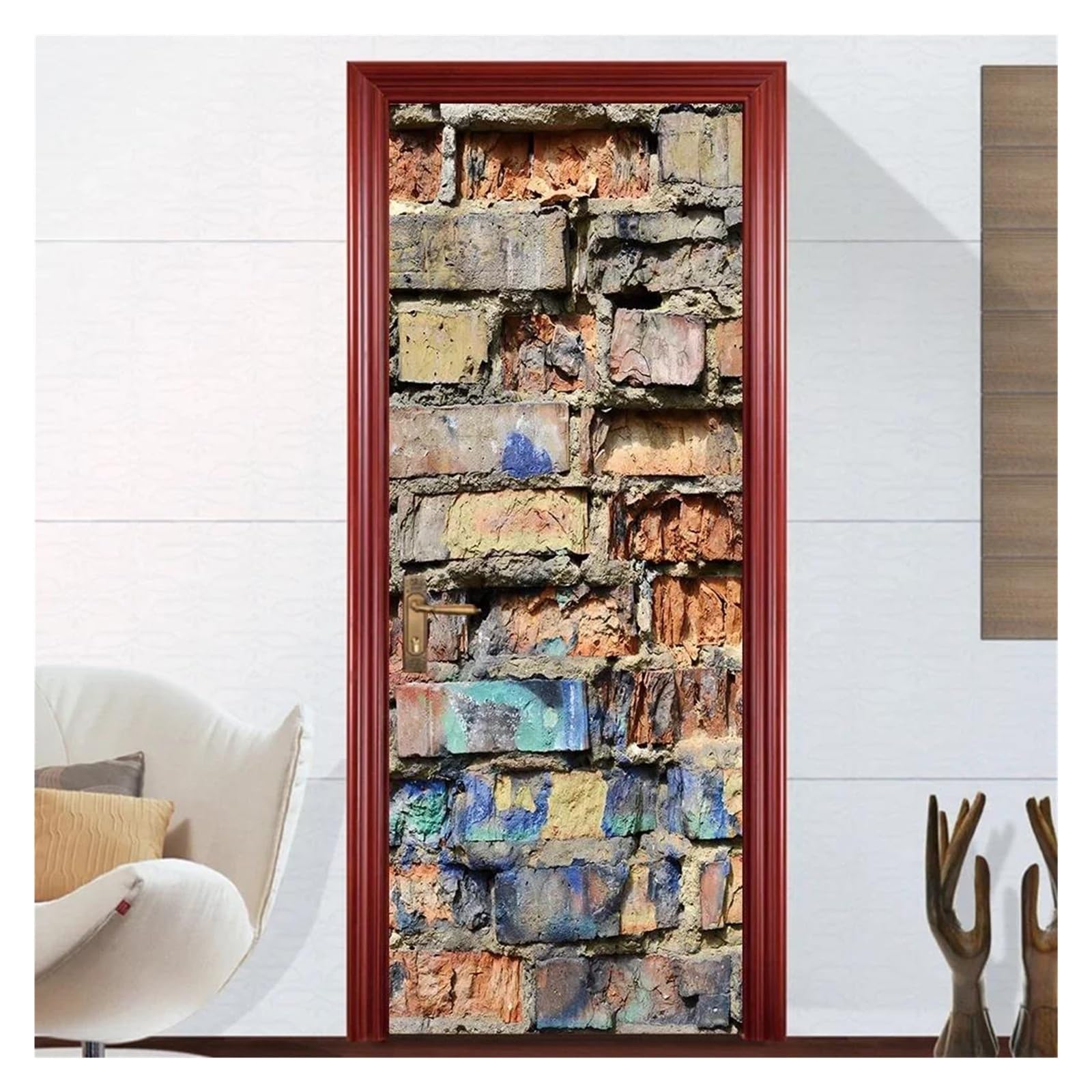 Sticker de porte 3D masquant les imperfections du bois avec un paysage