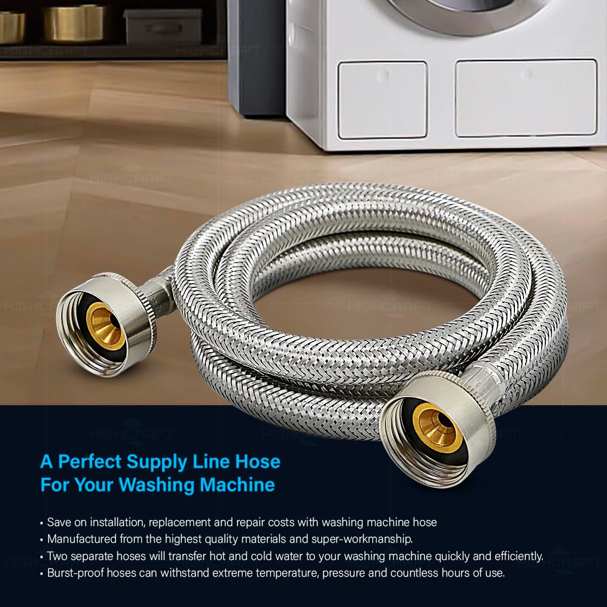 Highcraft CNCT2576QS-2 Stainless Steel Washing Machine Hose Connector Burst Proof, Hot and Cold Water Supply, Washing Machine Supply Line, 6 FT (2 Pack)