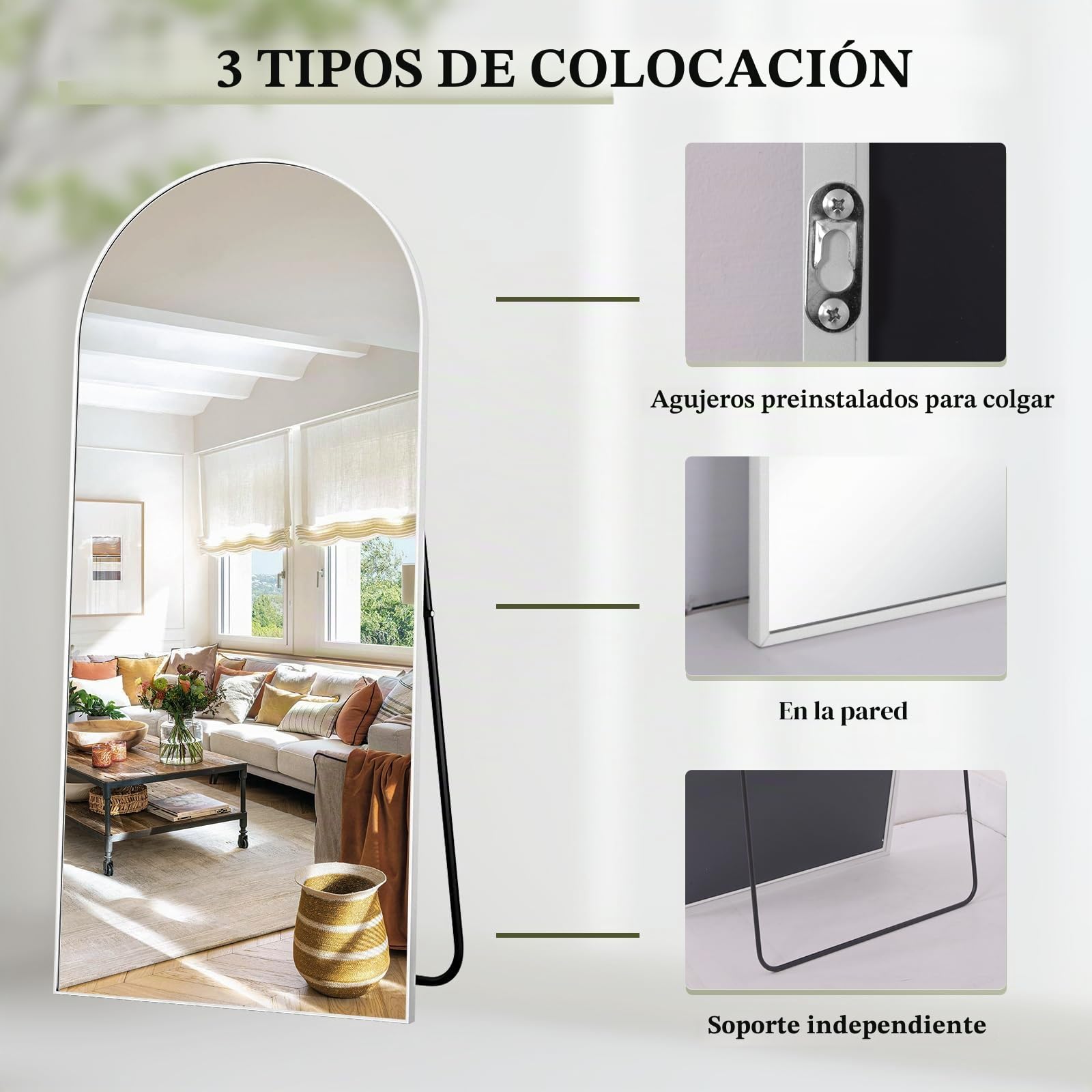 BEAUTYPEAK Espejo de cuerpo entero 165 x 60 cm blanco arco para colgar