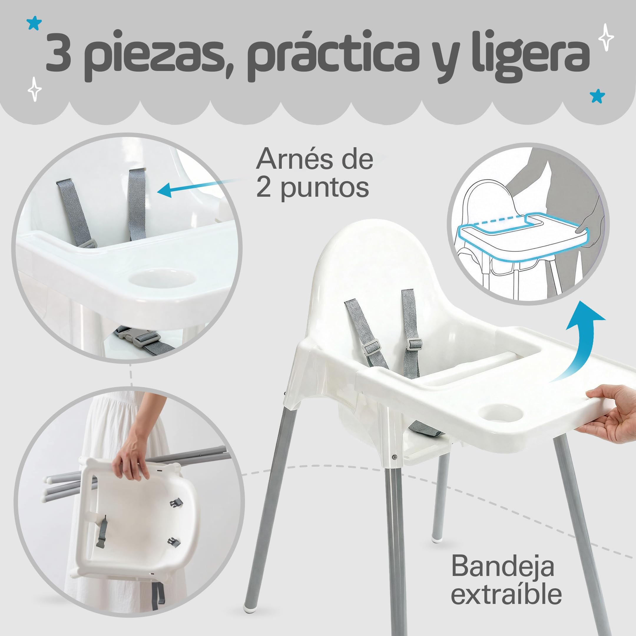 PLASTIMYR Tronas Bebe Light para 6 Meses a 3 Años hasta 15 kg – Silla de Comer para Bebe Resistente a Manchas, Bandeja Extraíble y Arnés de Seguridad - Trona Infantil Fácil de Limpiar 83x44x47 cm