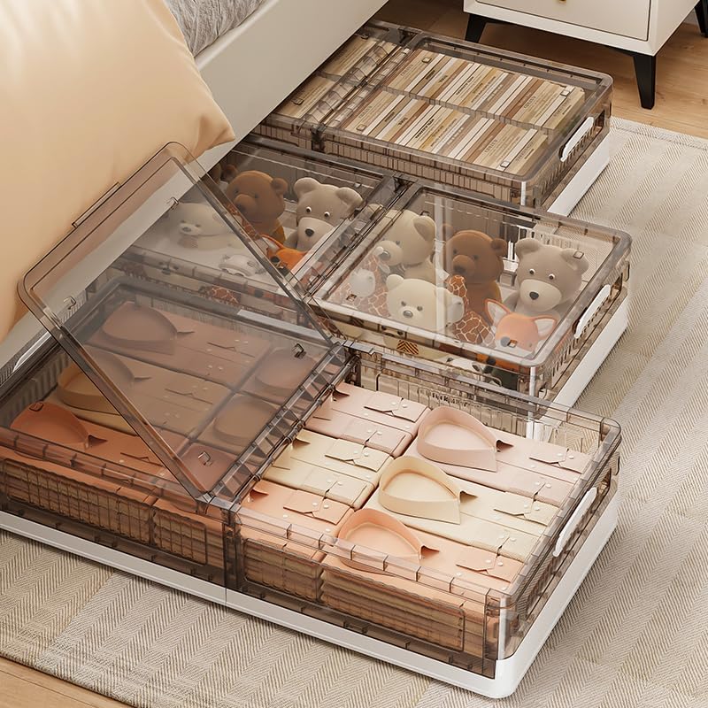 Underbed Roller Organizer, Stackable Flip-Top Plastic Containers For Bedroom And Everyday Home Storage (Coffee, 2-Pack)