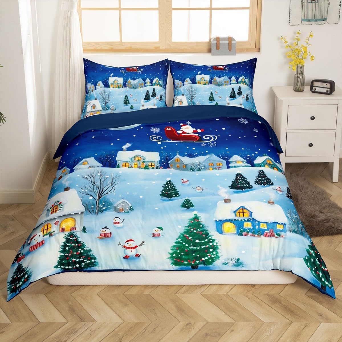 Snowy Village Duvet Cover Set Toddler Size Xmas Snowman Santa Claus Bedding Set for Girls Boys Happy New Year Comforter Cover Winter Western Country Quilt Cover,1 Pillowcase(No Comforter)