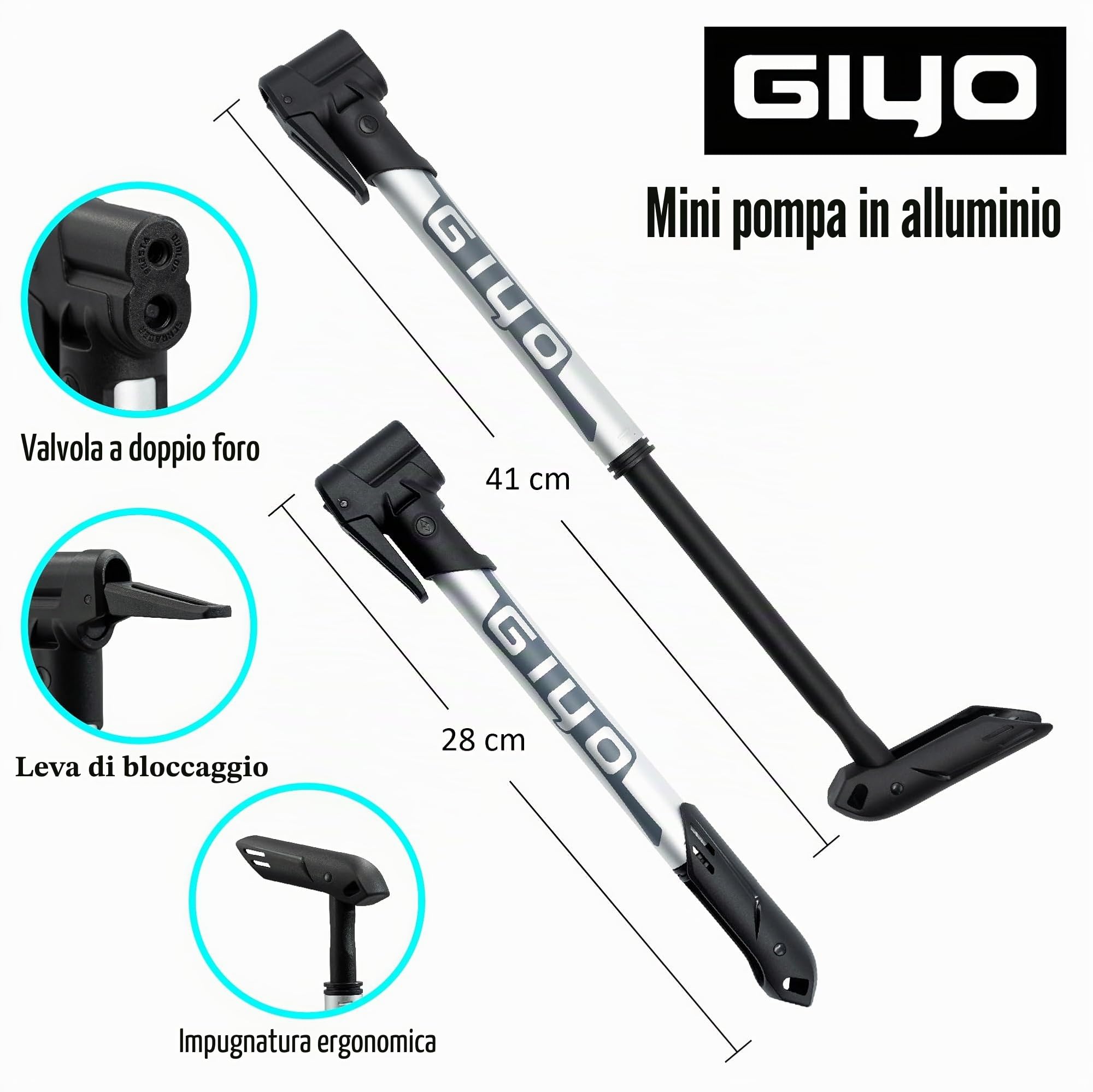 GIYO GP-44DH Mini pompa per bicicletta per pneumatici senza camera d'aria, testa doppio foro, compatibile Presta Schrader Dunlop