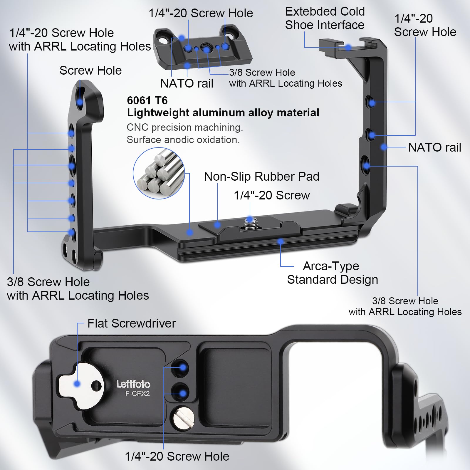 LEFTFOTO FX2 klatka na aparat do kina cyfrowego Sony FX2 ze zdejmowaną górną szyną NATO – modułowa konstrukcja ramy ochronnej kamery z podstawą Arca kompatybilna z DJI RS Gimbal
