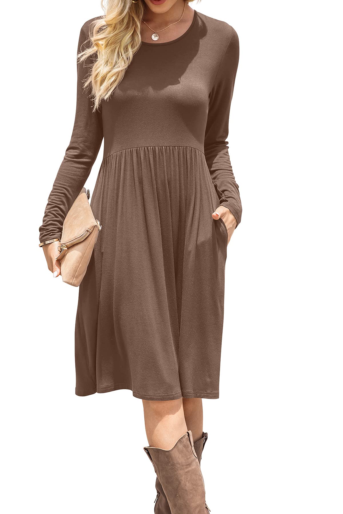 DB MOONWomen Casual Long Sleeve Dresses Empire Waist Knee Length Loose Dress with Pockets