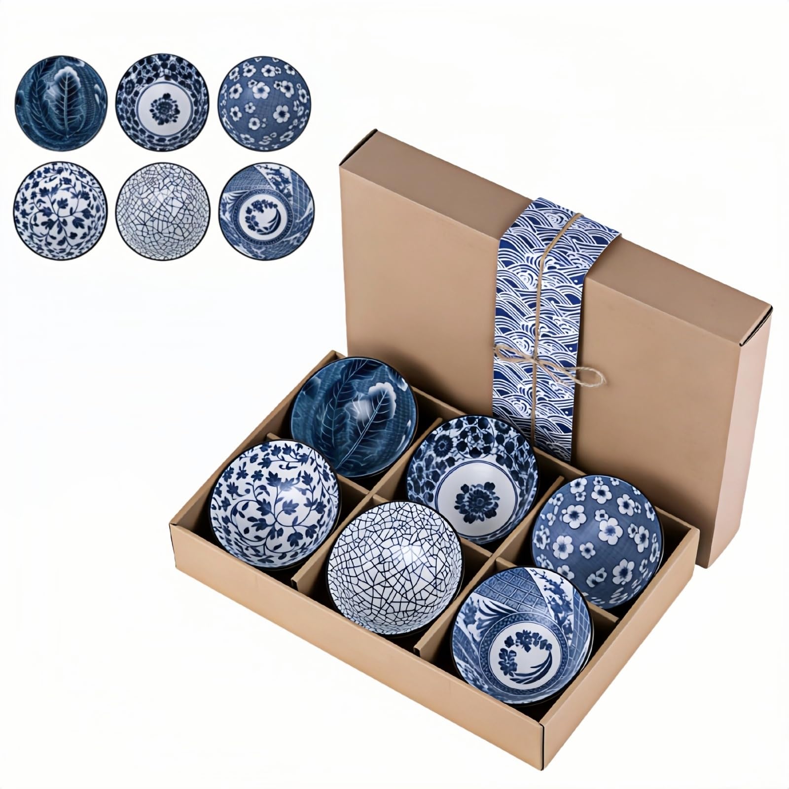 Koimiao Japanese Style Ceramic Dipping Bowls Set of 6 with Gift Box, 300ml/10 Oz Porcelain Snack Bowls for Tapas, Sushi Soy Sauce, Rice Soup, Dessert, and Ice Cream (Blue-6Pack)