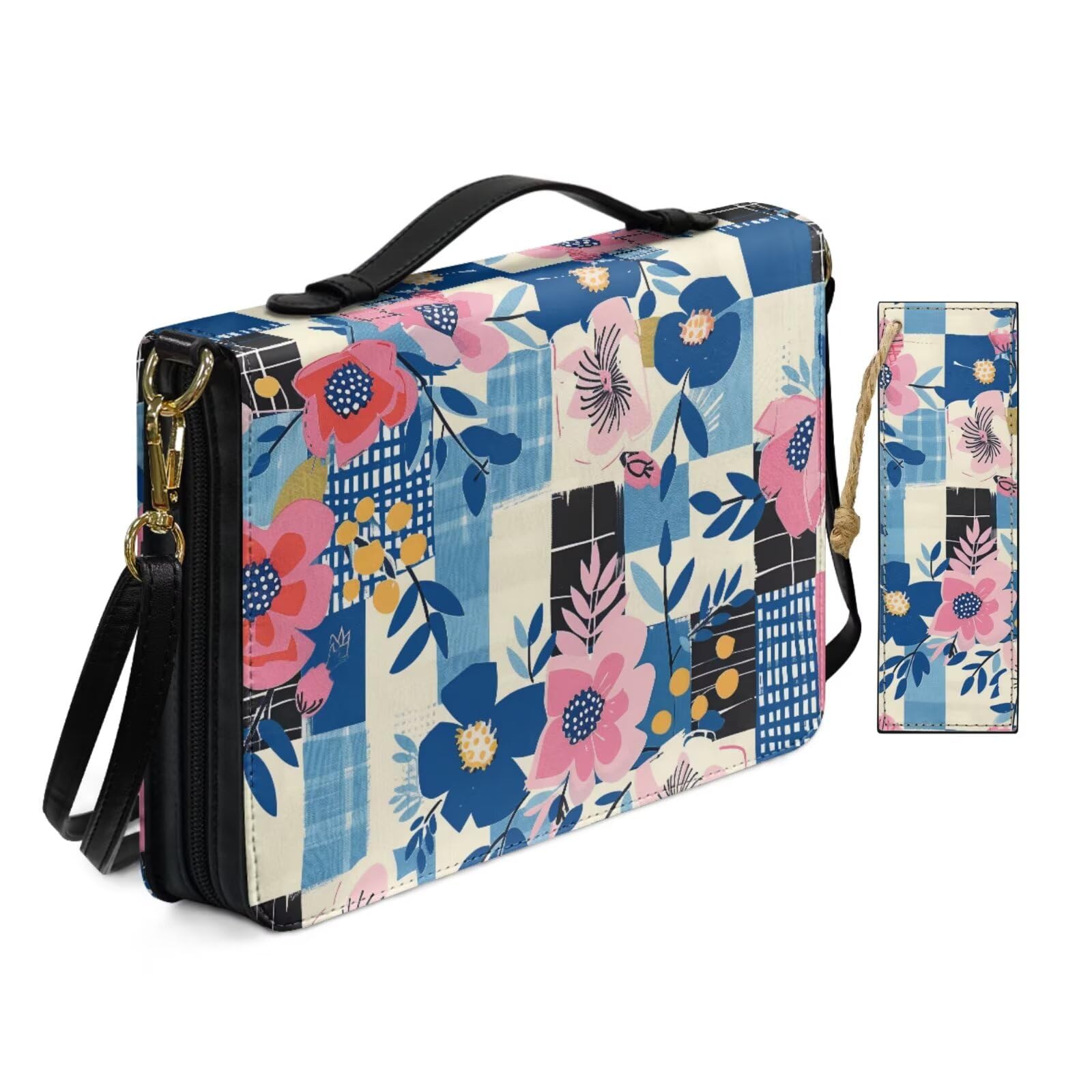 Allcute Women Pu Leather Bible Cover Bag with Shoulder Strap Cheerful Plaid Floral Bible Case for Women with Bookmark Church Religious Book Covers with Handle Pockets Blue