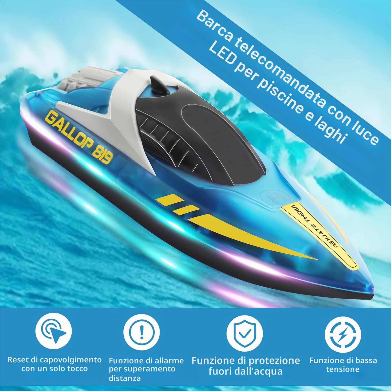 Barca Telecomandata con Luce LED, 2,4GHz Ricaricabile Barca RC completamente proporzionale, Impermeabile Motoscafo Telecomandato, Auto-Raddrizzamento Motoscafo, per Piscine, Laghi, Bambini