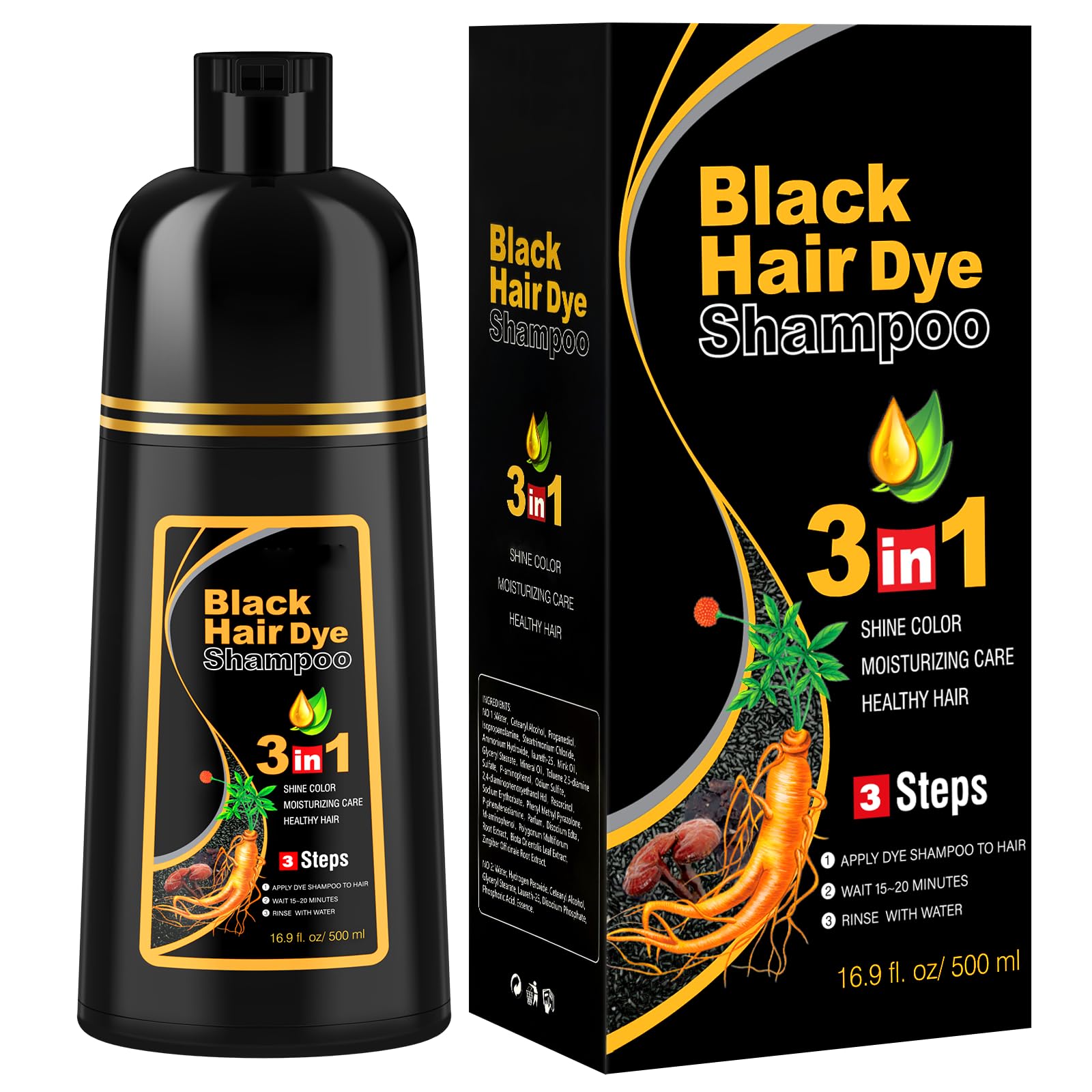 Schwarzes Haarfärbeshampoo für Graues Haar, Sofort Haarfarben Shampoo für Männer und Frauen, Black Hair Dye Shampoo 3 in 1,Hair Color, 500ml