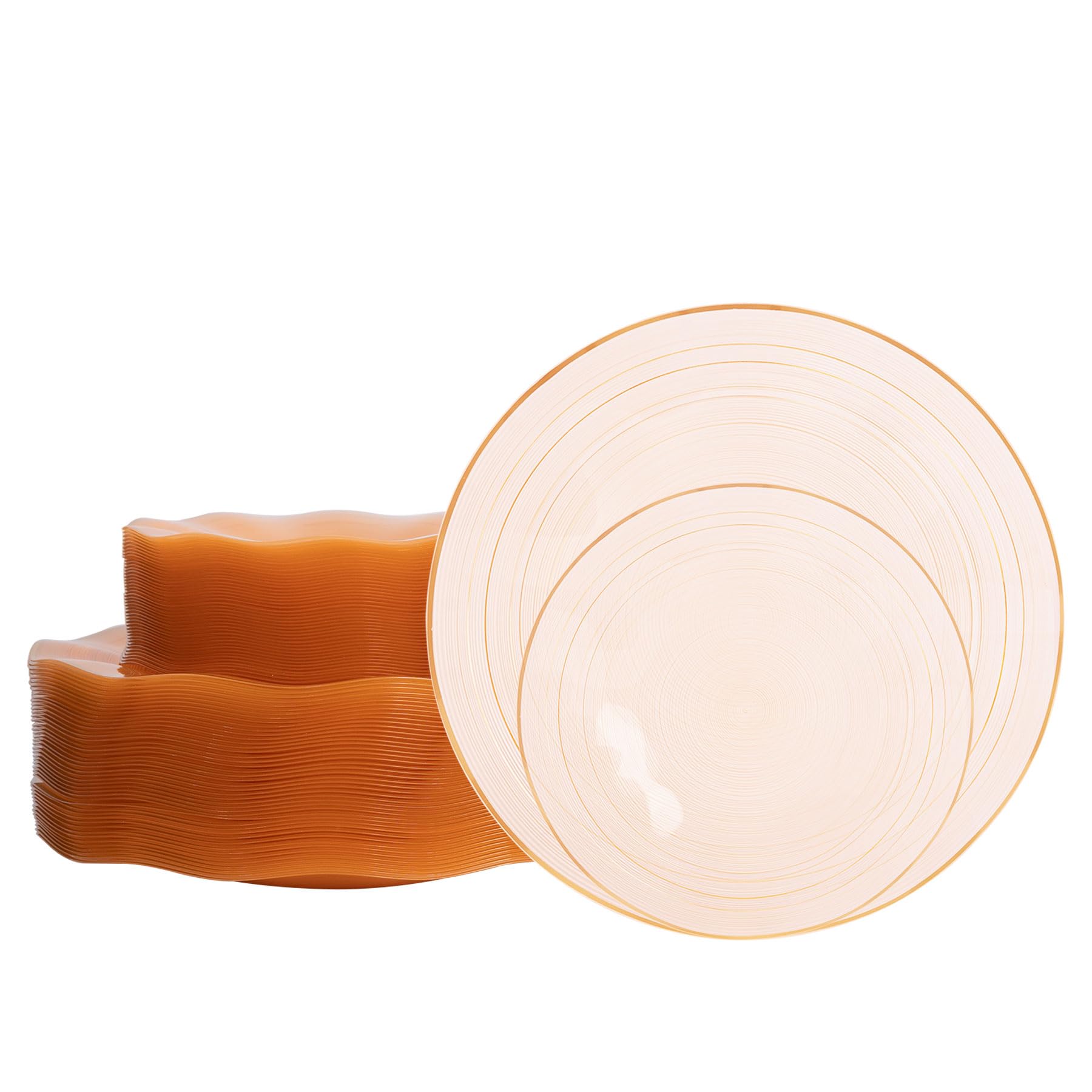 Photo 1 of 100PCS Plastic Plates-Crystal Design Orange Wave Disposable Plates with Gold Rim, Fancy Disposable Plates Include 50 Dinner Plates, 50 Dessert/Salad Plates for Party & Thanksgiving