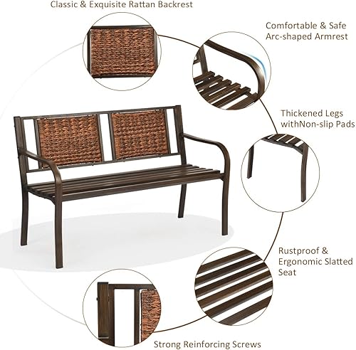 Miniatura 5 de S AFSTAR Banco de jardín al aire libre, marrón, hierro, metal, polietileno, ratán, 50.5 pulgadas de ancho, 2 adultos