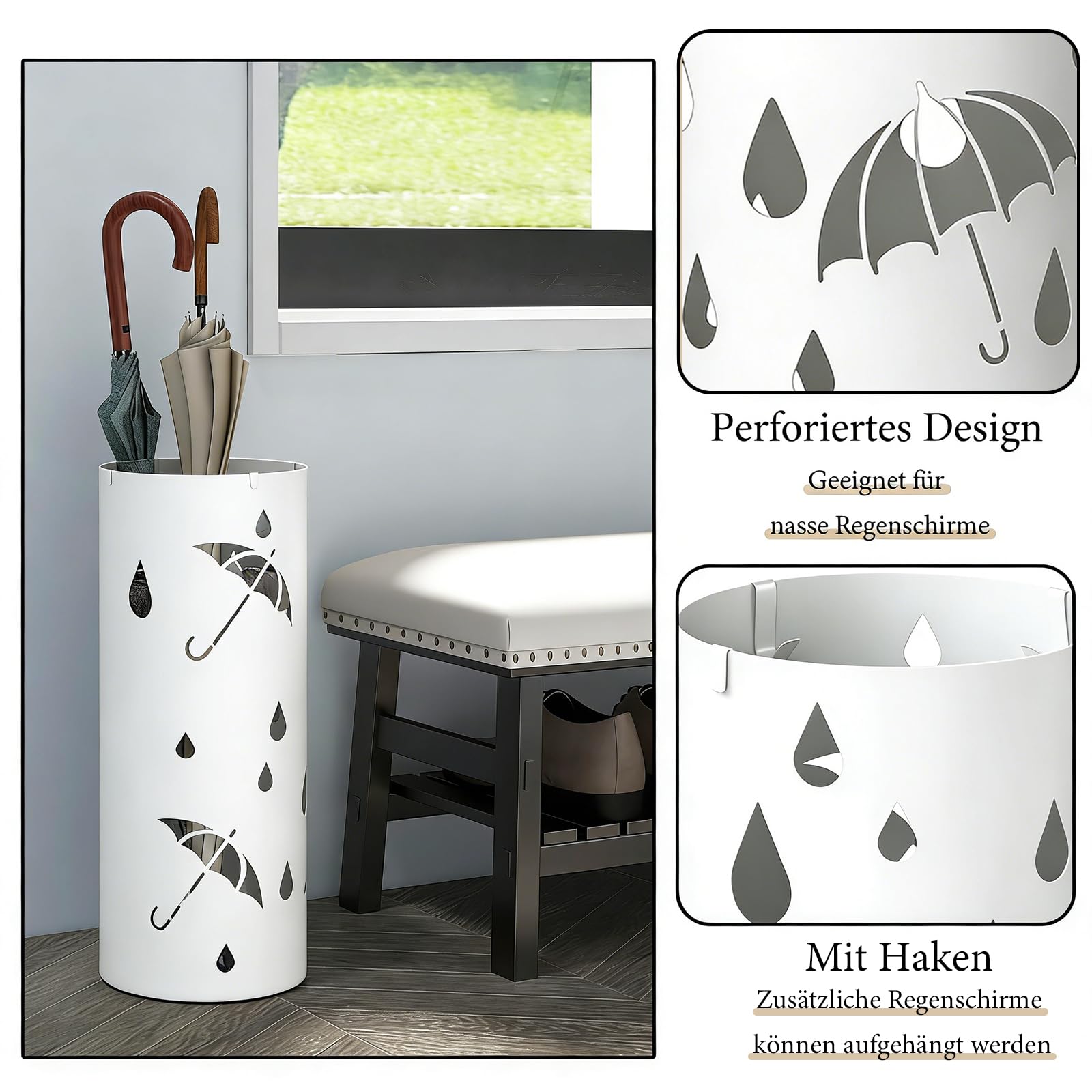 Portaombrelli Rotondo, Ø15 x 40 cm, 1 Pezzo Portaombrelli in Metallo, Porta Ombrello in Metallo All'ingresso, Supporto per Ombrelli in Piedi Cavi, per Casa, Hotel e Ufficio(Bianco)