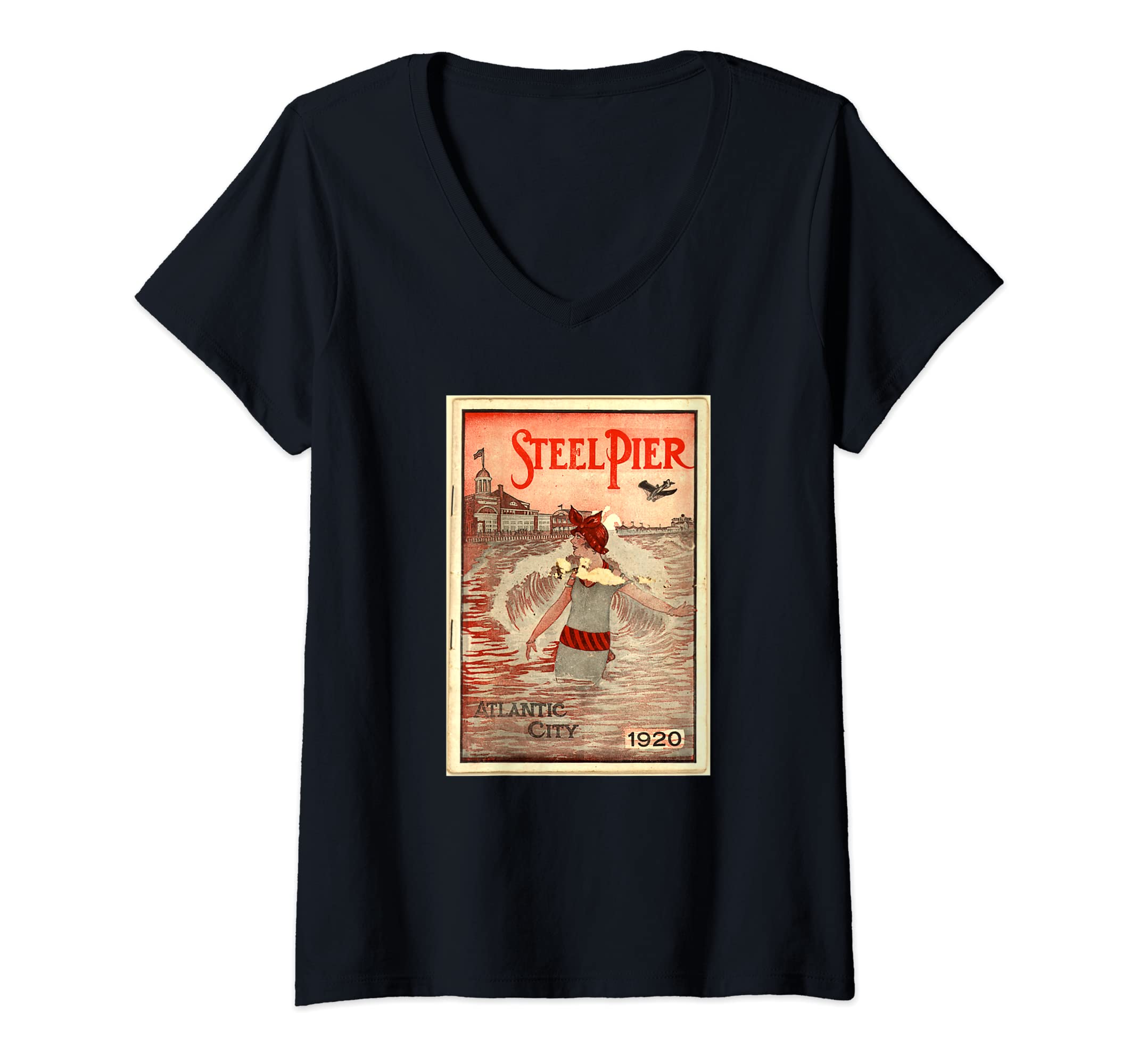 Womens 1920 Retro Vintage Atlantic City New Jersey Shore Steel Pier V-Neck T-Shirt