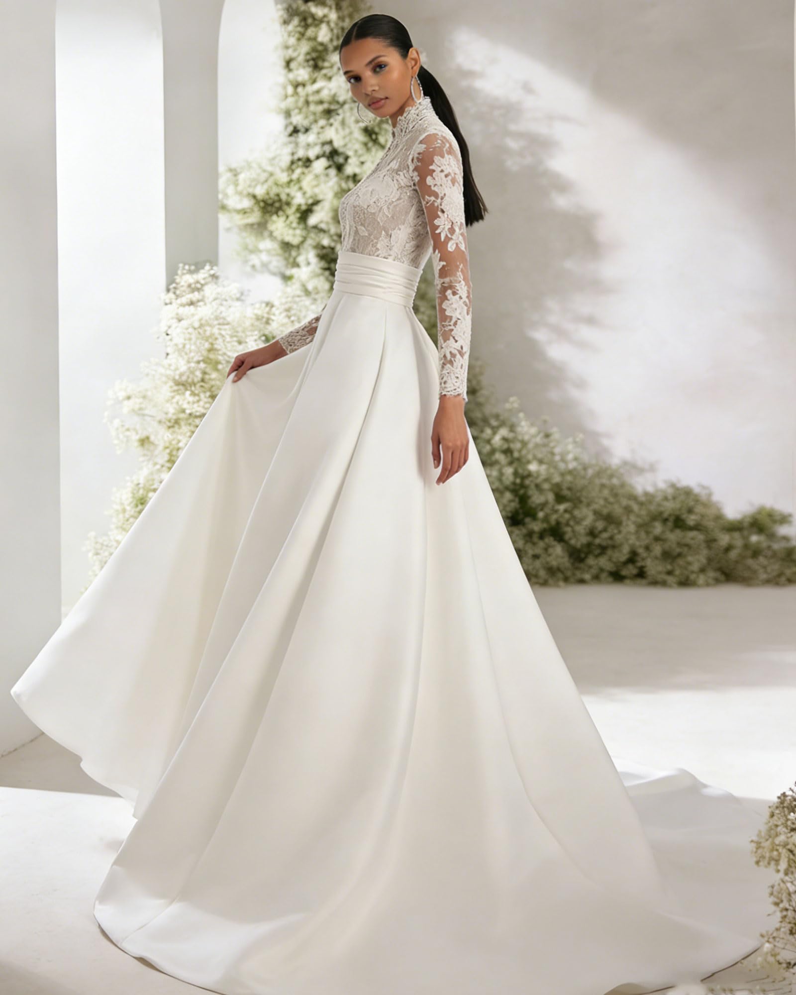 HUINI Satin Hochzeitskleider mit Stehkragen Spitzenapplikationen Lange Ärmel Brautkleider mit Schleppe