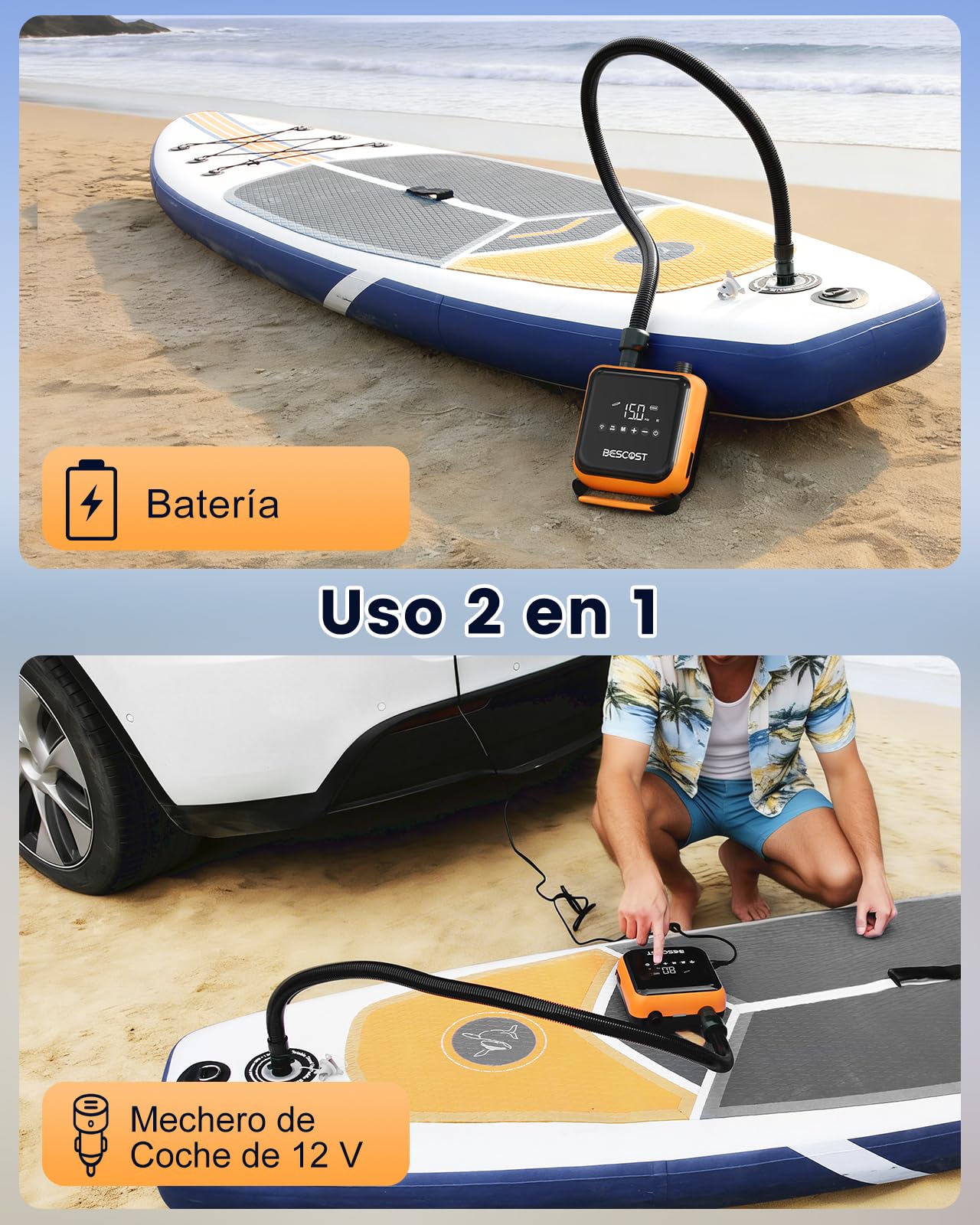 BESCOST 20PSI Bomba Eléctrica, Inflador Paddle Surf Eléctrico, Inflador Electrico Paddle Surf Recargable, Inflado/Desinflado Inteligente. Ideal para Tablas Sup, Cometa, Kayak, Tienda y Colchones — view 6