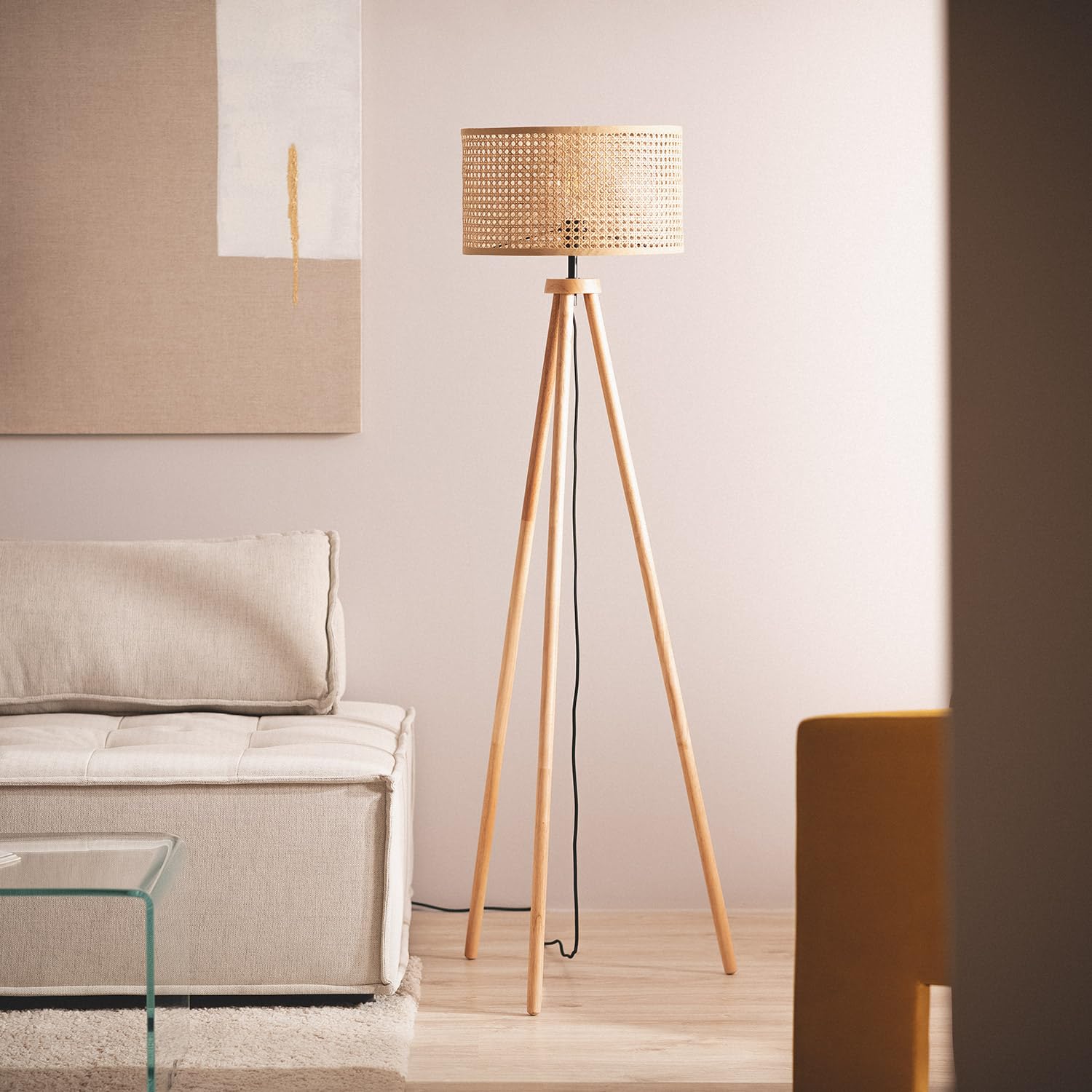 LEDKIA Lámpara de Pie Ratán y Madera Adirane Natural | CasquilloE27