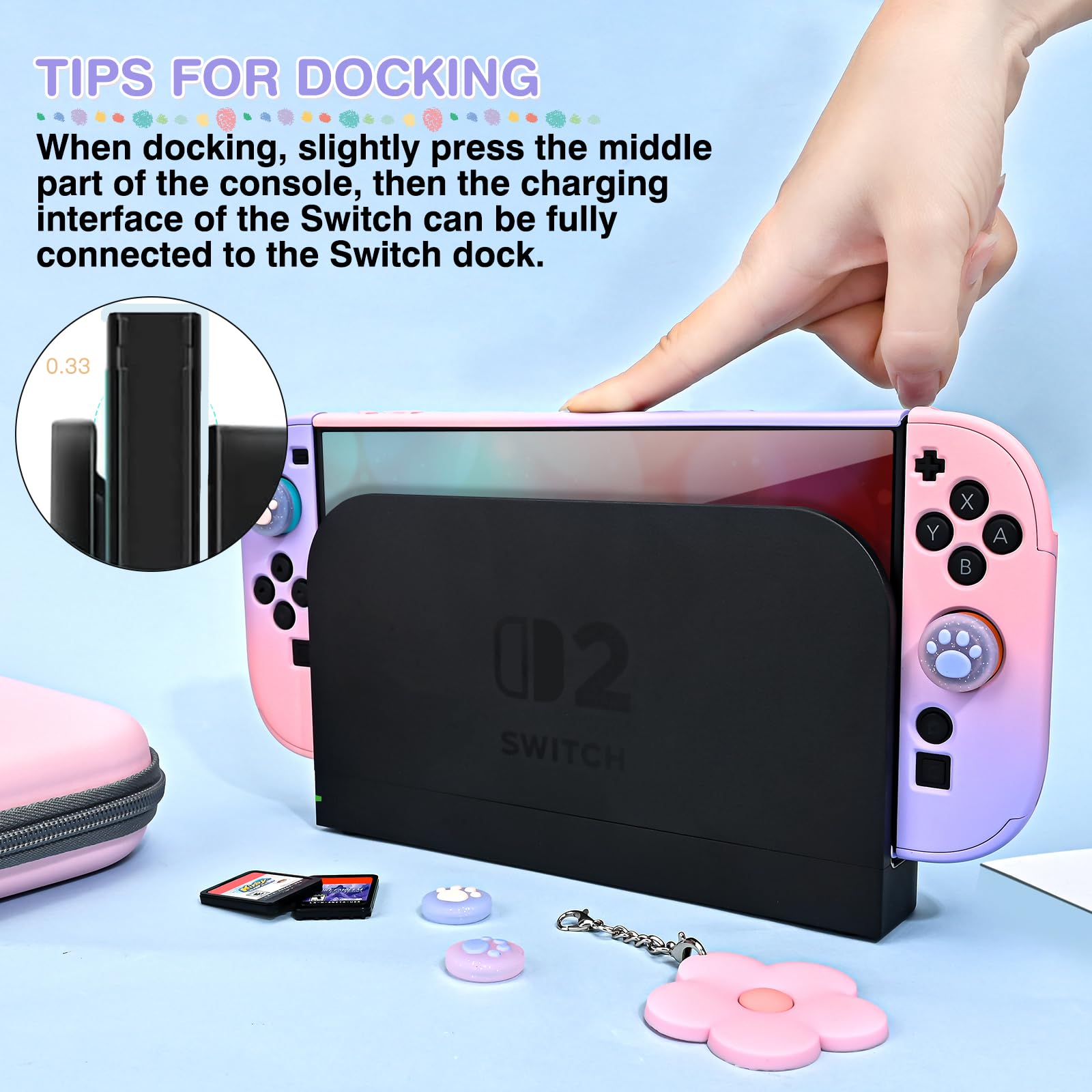 DLseego Tasche nur für Switch 2,Tragetasche für Reise mit Stabiler Schutzhülle,4PCS Daumenabdeckung und 1PC Schöne Blume Charme,Rosa+Lila