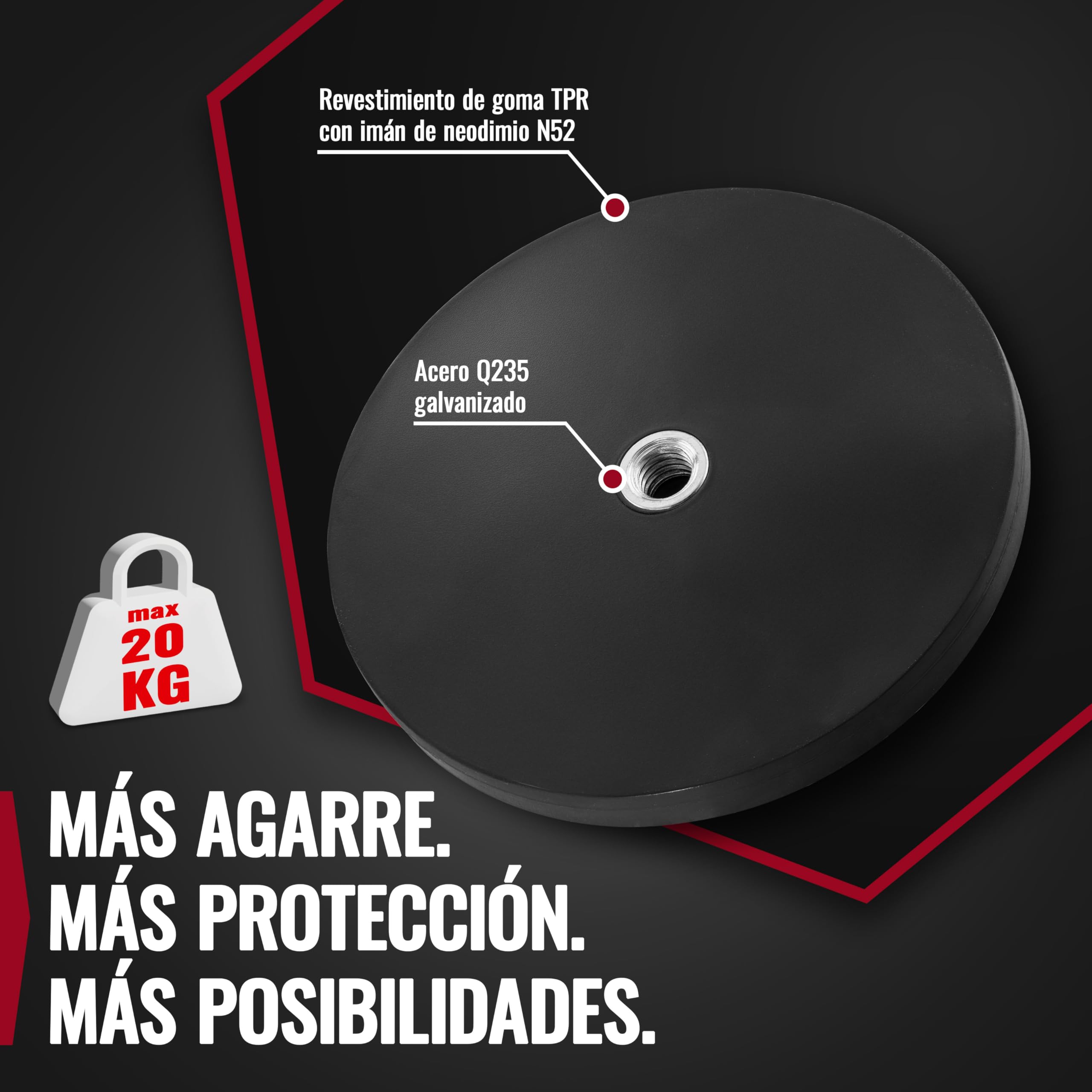 Poppstar 4x Imanes de goma con rosca, neodimio, diámetro 66 mm, con rosca interior M6, fuerza de sujeción 20 kg, con llave inglesa y 4 tornillos