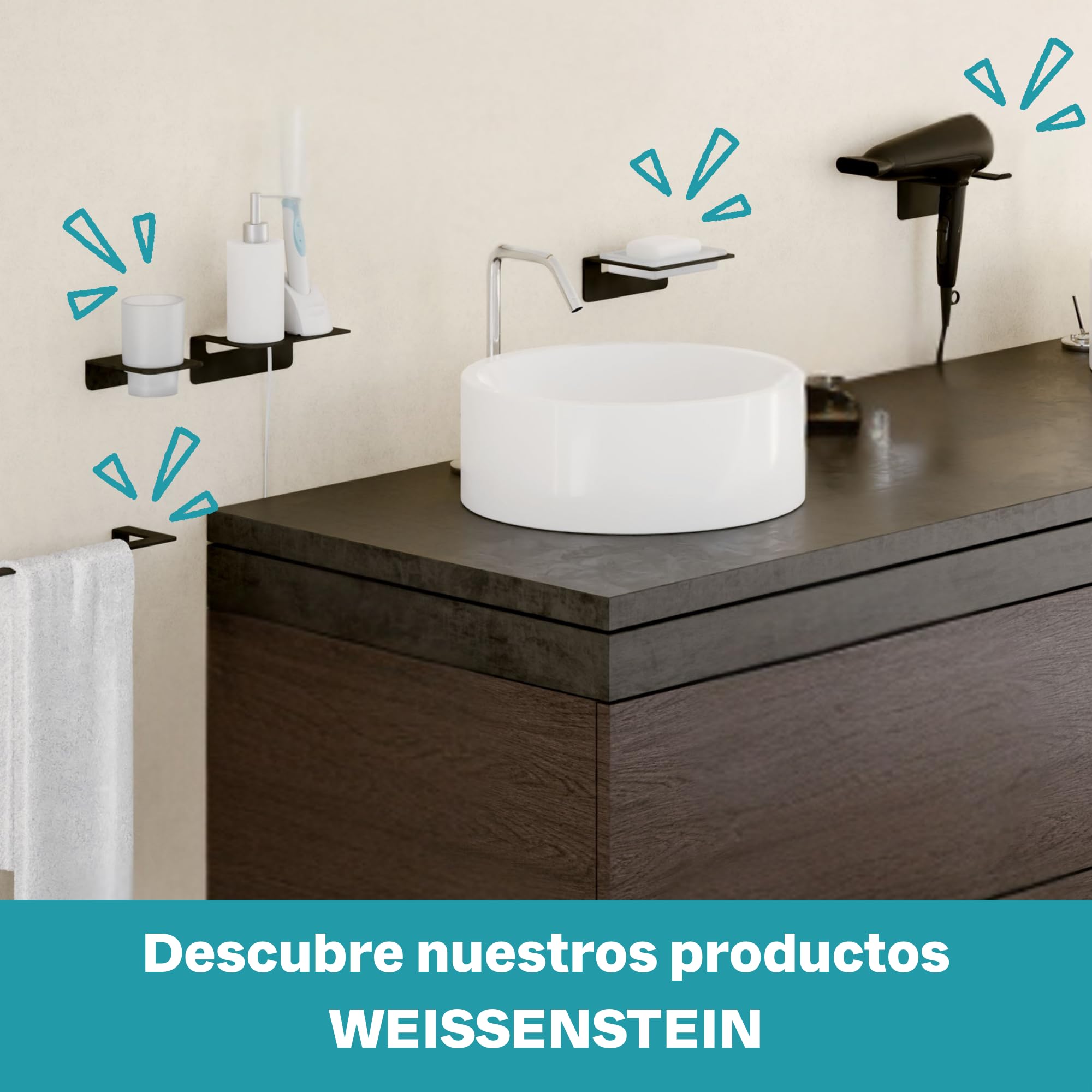 WEISSENSTEIN Repisa baño Acero Inoxidable - Balda Adhesiva 24 cm - sin Taladro - Negra