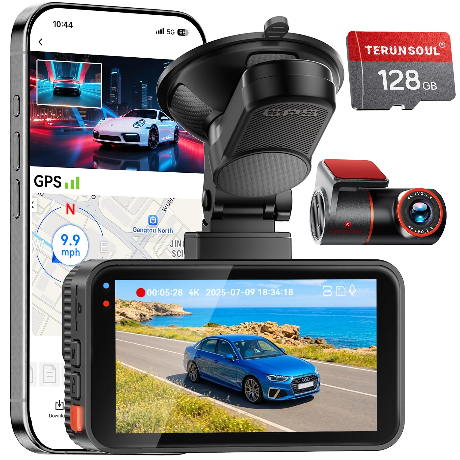 Terunsoul 4K+4K Dash Cam, Free 128GB Card, 5.8GHz WiFi6 - up to 20MB/s | AProX HD Night Vision Dash Cam Front and Rear, App, GPS, G-Sensor, 24H Parking Mode, Support 512GB Max, Premium Dark Gray