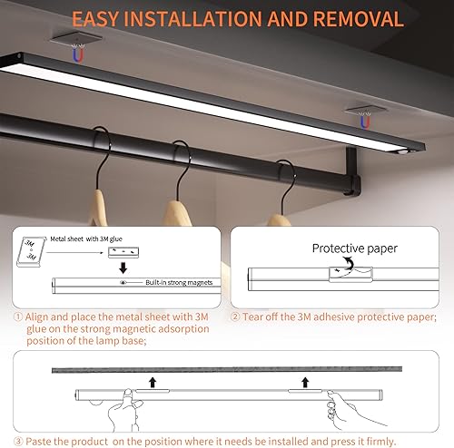 Miniatura 8 de LED Under Counter Lights for Kitchen Motion Sensor, Under Cabinet Lights Fixtures Magnetic Strip Wireless Lighting 3 Color Dimmable Rechargeable