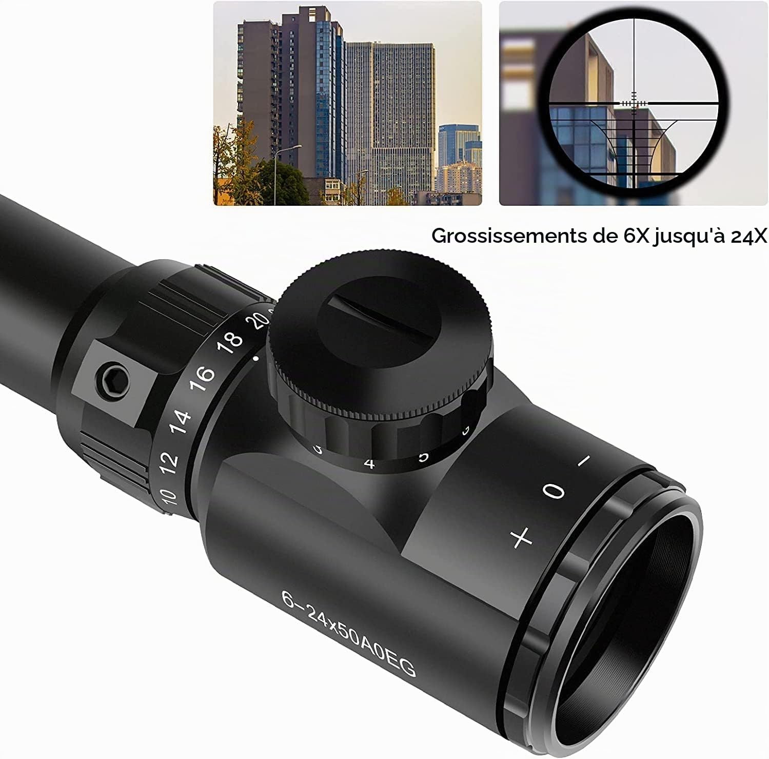 KinZon Lunette de Visée 6-24x50AOEG avec Réticule Lumineux Optique Mil-Dot et réglage de la parallaxe,Augmente la portée de la précision du Fusil de Chasse Tactique, ou pour équipement d’Airsoft.