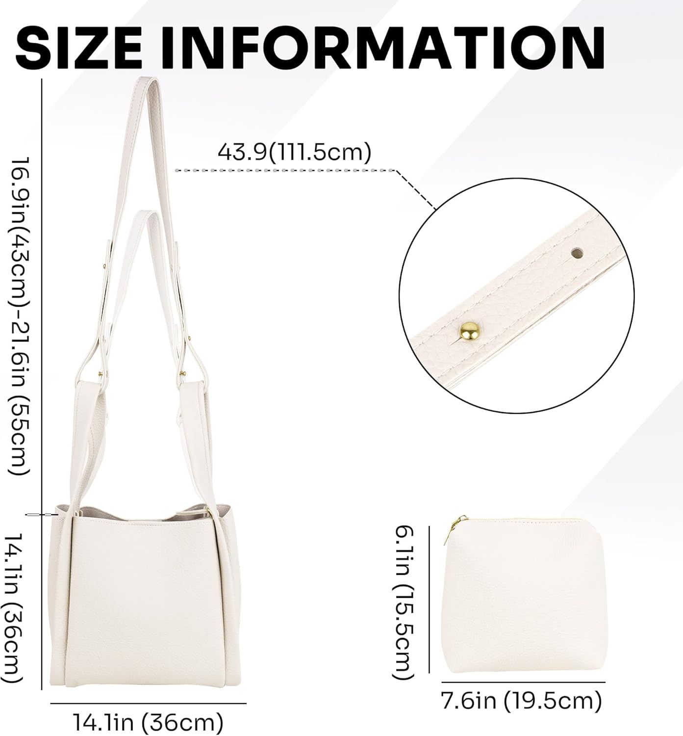 Bucket Bag for Women - Soft Vegan Leather Crossbody Purse with Detachable Pouch, Cream White Shoulder Handbag