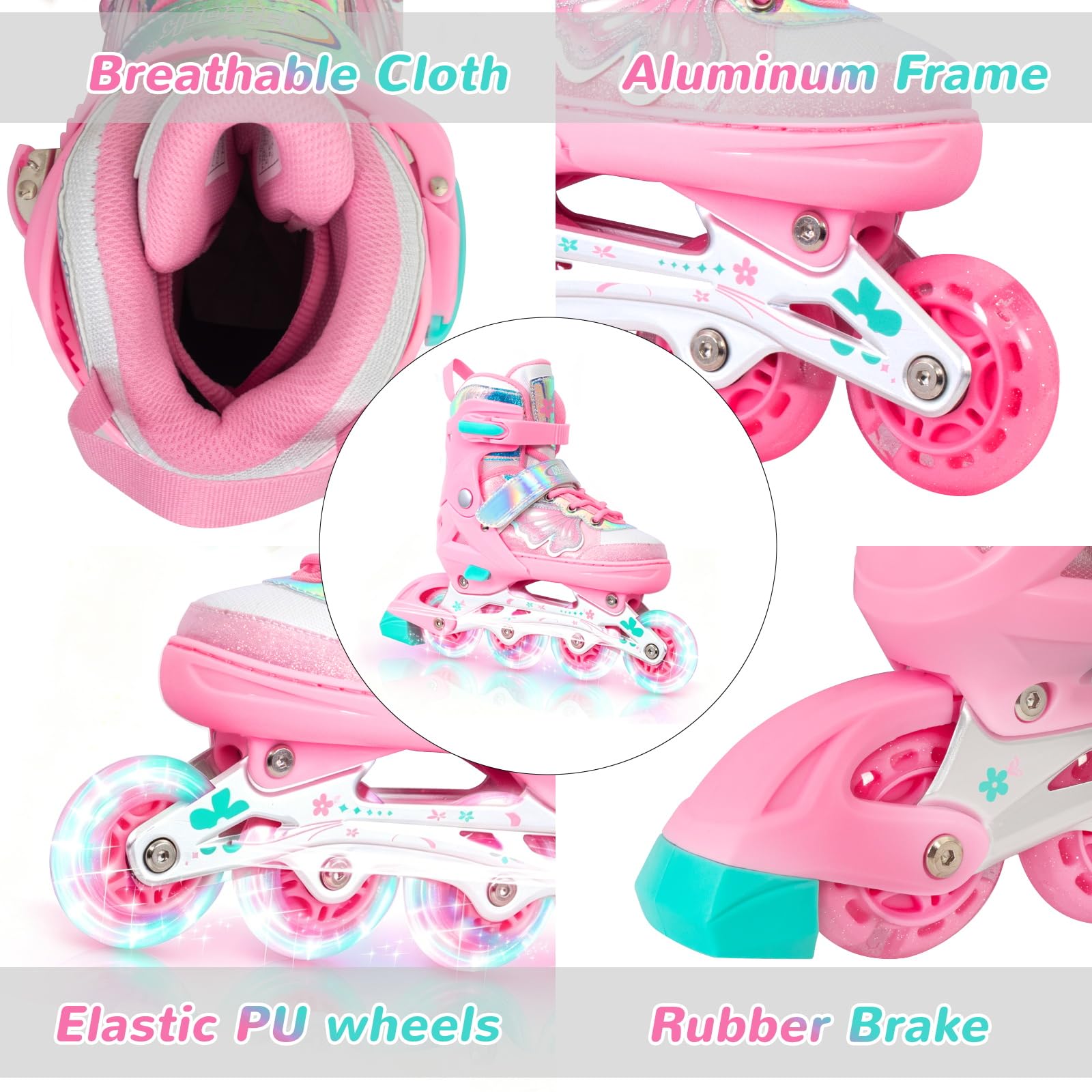 Nattork Patins à roues alignées pour filles et garçons – Lames rose cyan pour enfants de 8, 9, 10, 11 ans – Toutes roues lumineuses réglables pour sports d'intérieur et d'extérieur, cadeau