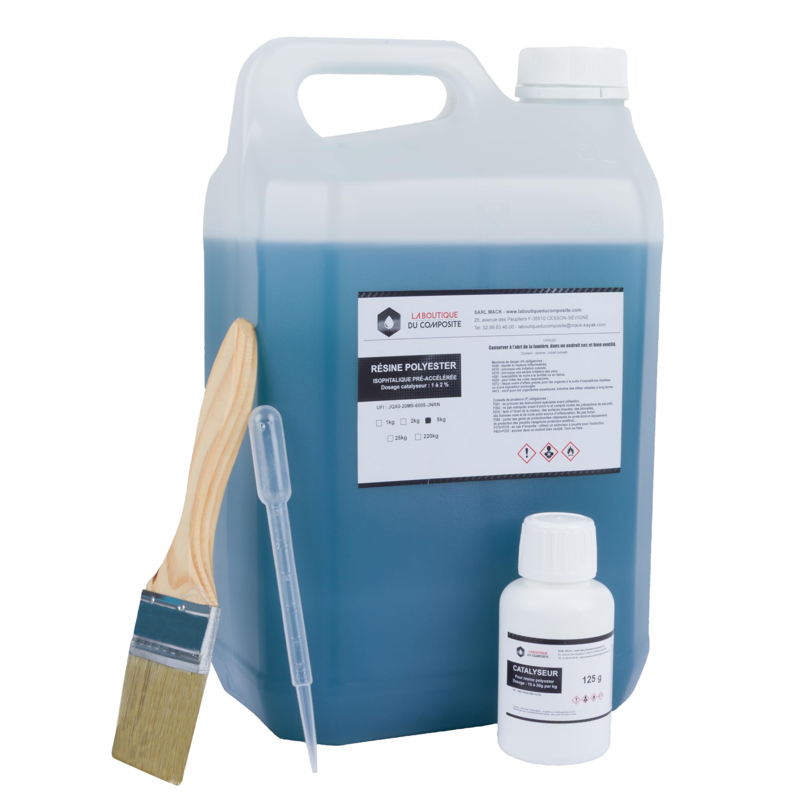 6,5 m² Tissu de verre 300 gr/m² + 5 Kg Résine Polyester iso + Catalyseur + Pipette dosage.