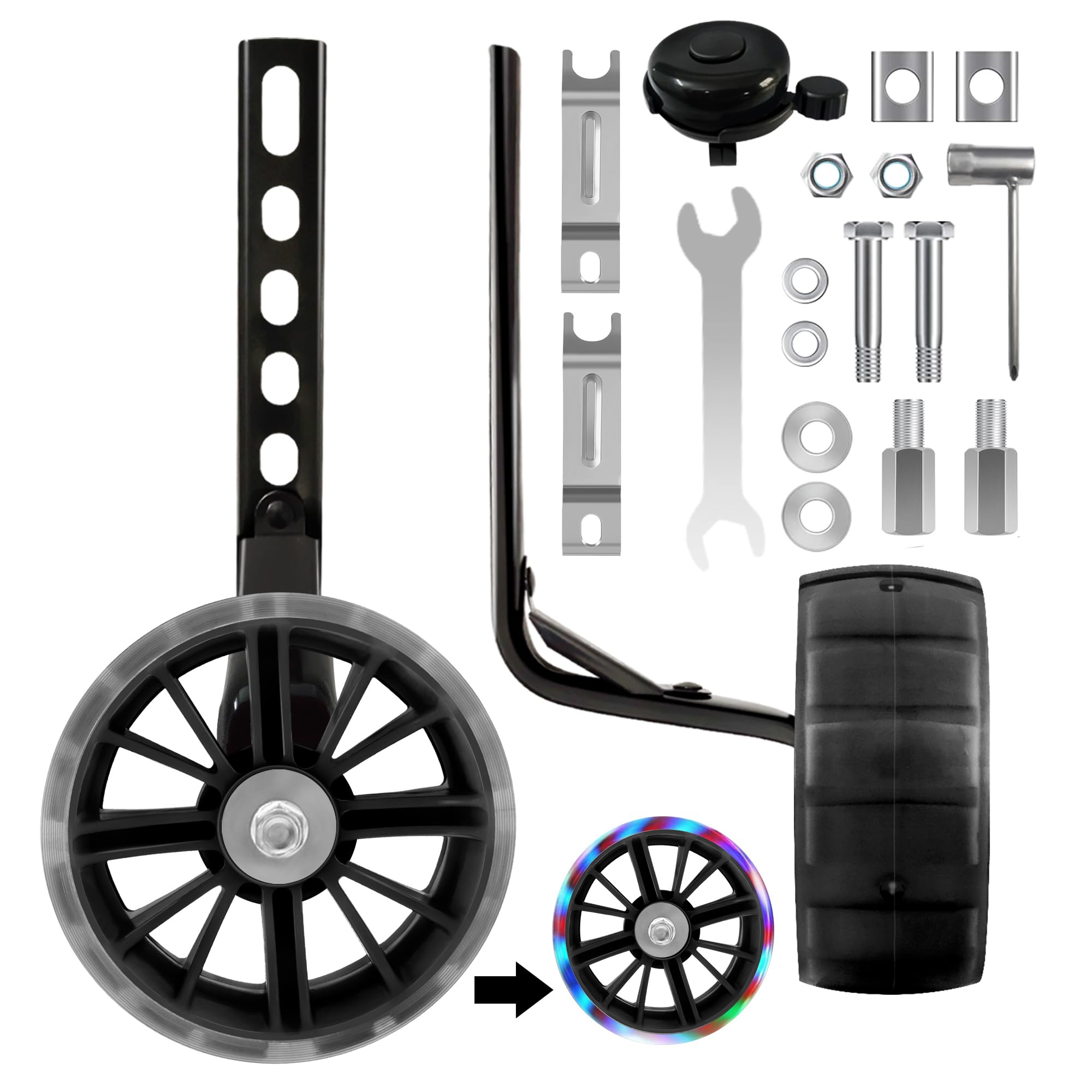 Training Wheels with Flashing Quiet Wheels for Kids' Bikes – Fits 12, 14, 16, 18, and 20 Inch Variable &amp; Single Speed Bicycles - Big Black