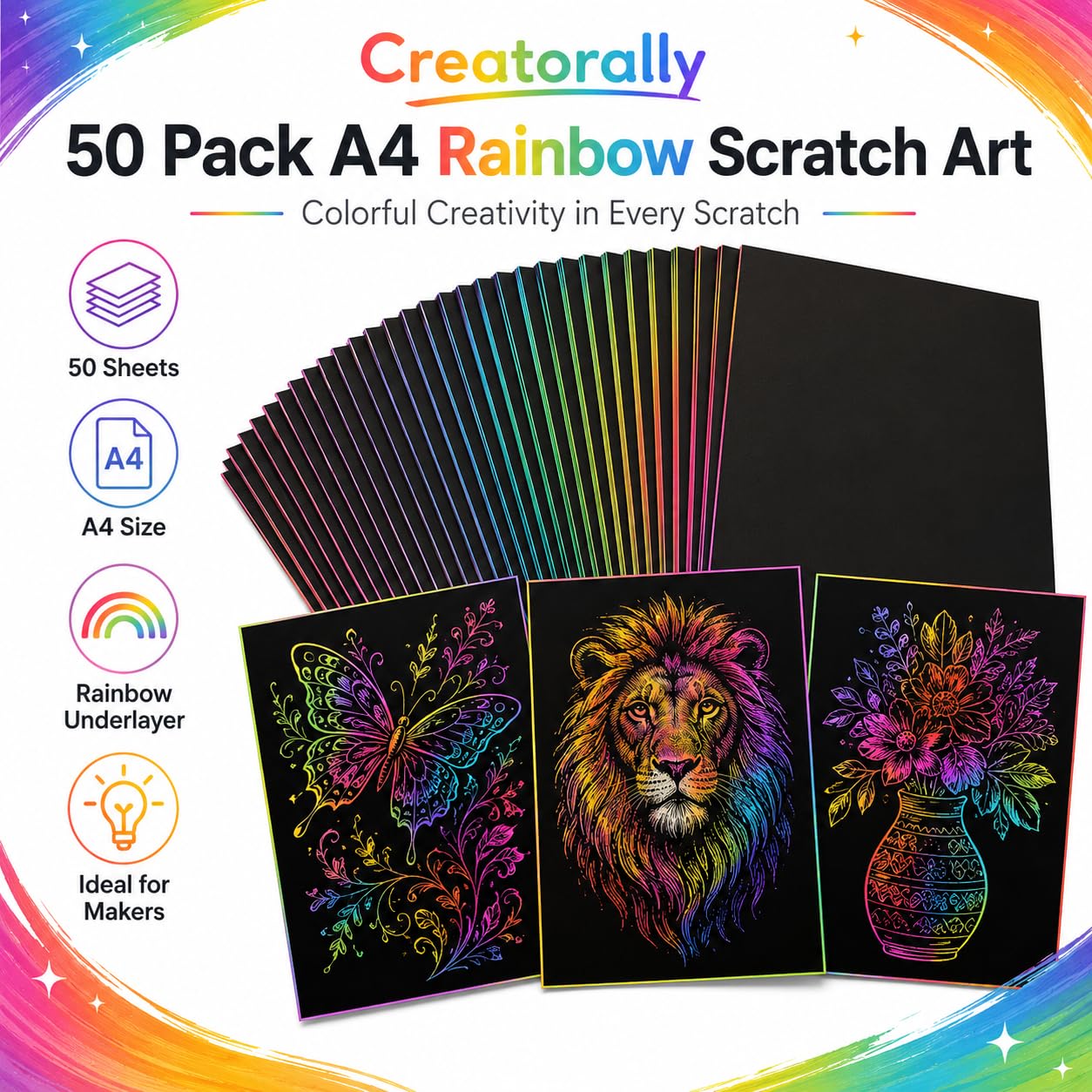 Kratzpapier A4, Bastelpapier für Laser Gravur, Regenbogen 50 Blatt Zum Kinder Zeichnen, Kunstbedarf, DIY, Weihnachten, Geburtstagsgeschenk