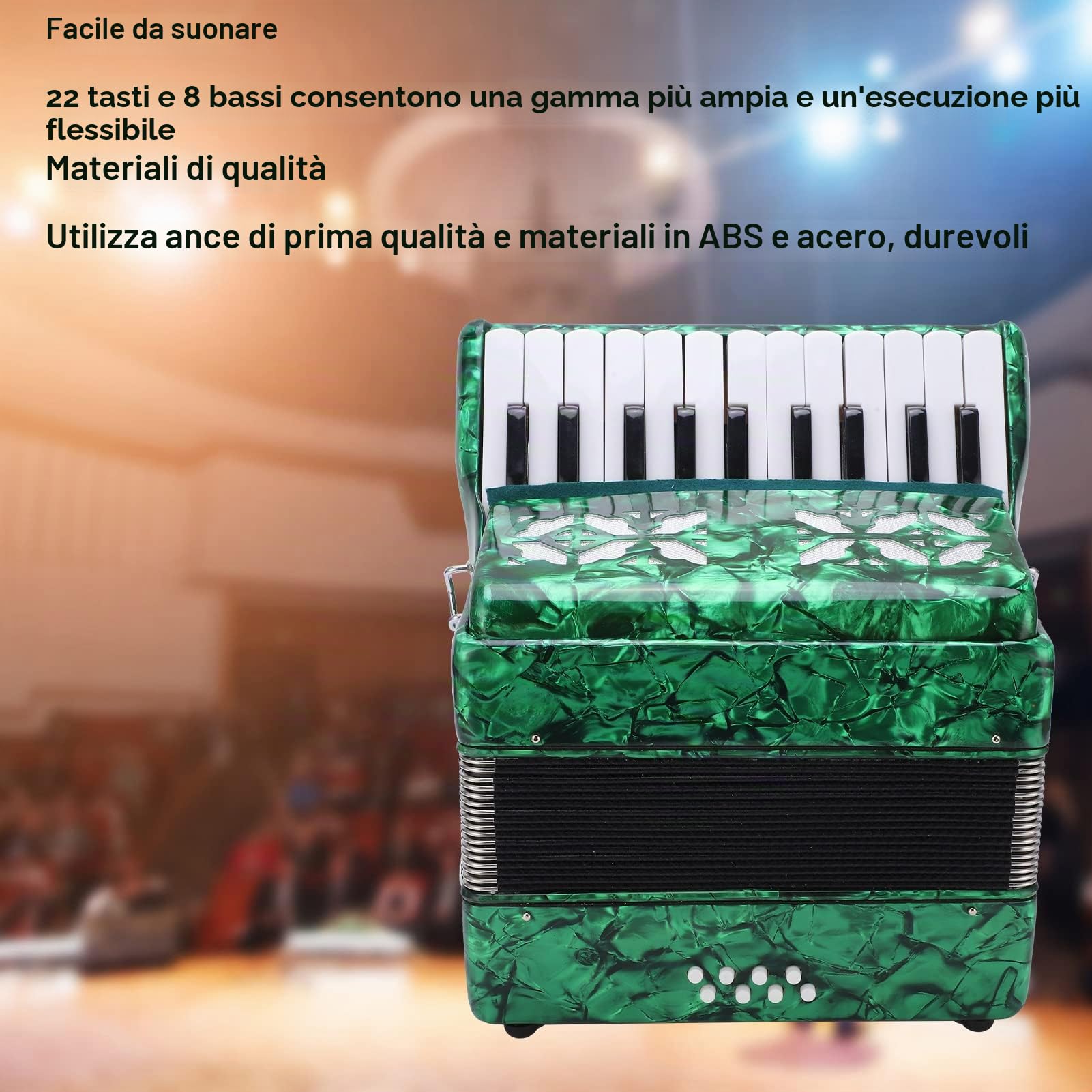 Fisarmonica a 22 Tasti e 8 Bassi, Fisarmonica a Mano per Principianti, Strumenti Musicali a Fisarmonica Professionali Dotati di Ance Premium e Cinghie Regolabili per Performance