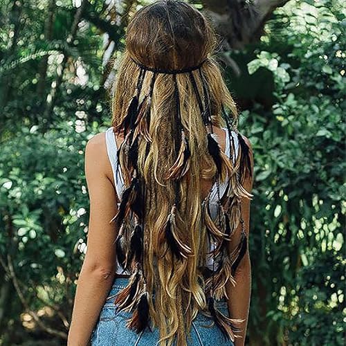 CAKURE Diademas de plumas bohemias gitanas, accesorios indios, diadema de plumas negras, diadema ajustable, tocado hecho a mano, accesorios de