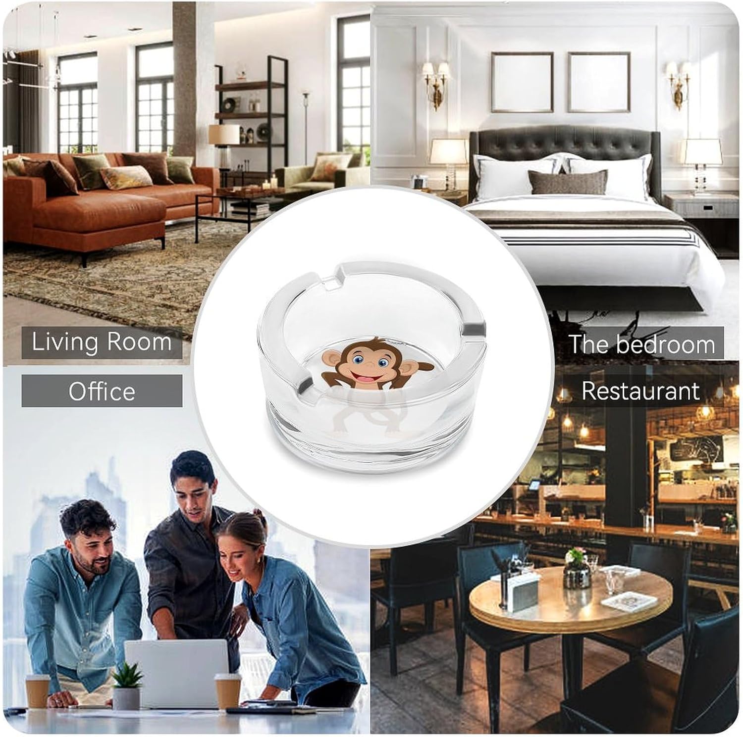Cute Monkey Glass Ashtrays for Cigarettes Decorative Modern Ashtray Classic Round Home Ashtrays Small Indoor Ash Tray Heavy Glass Ash Tray for Office Balcony