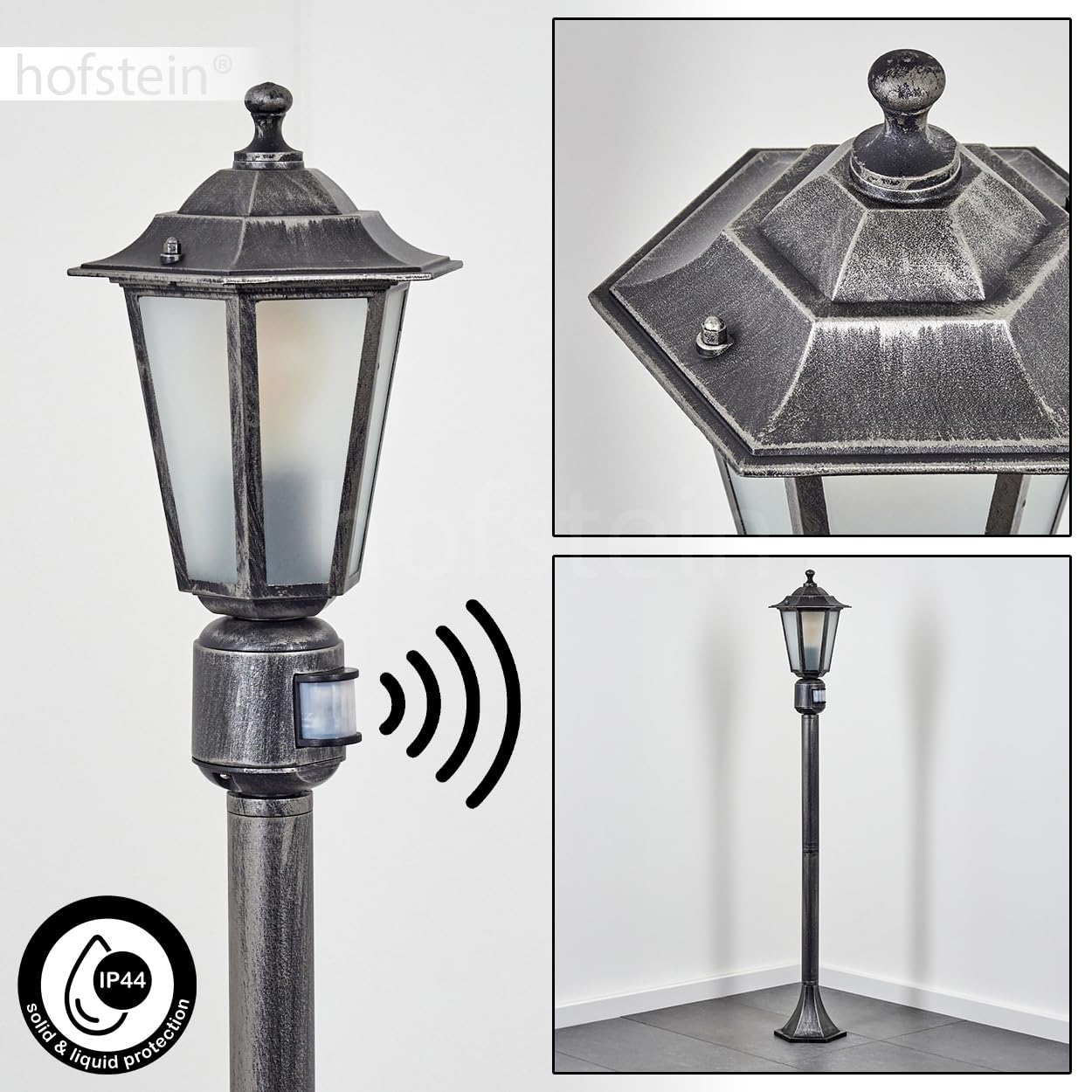 Lampe d'extérieur Loria, avec détecteur de mouvement en métal/verre noir-argenté/blanc, lampe d'extérieur à l'aspect antique, 107cm, lampe de jardin, éclairage de jardin IP44, 1x E27, sans ampoule