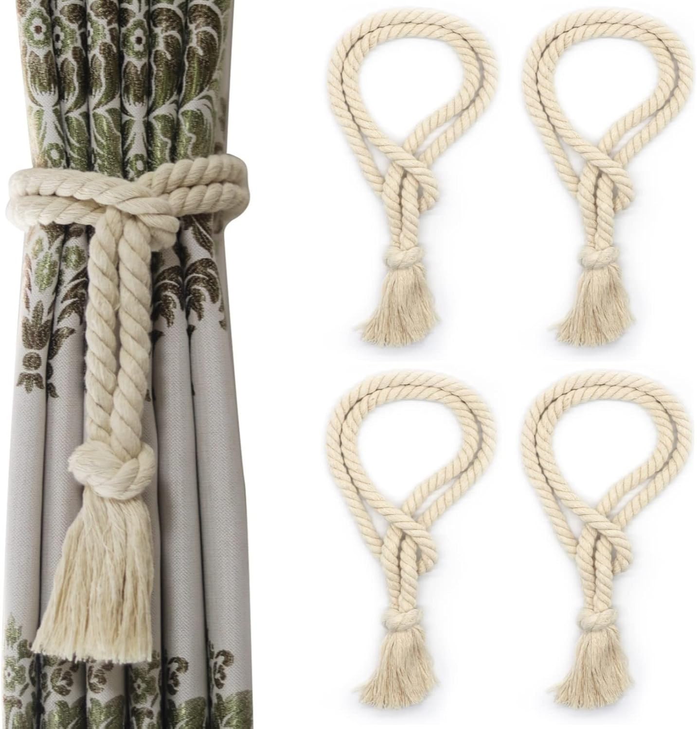 4 Pack Curtain Ties, Outdoor Curtain Tiebacks Rope for Patio Gazebo Pergola Cabana, Natural Cotton Curtain Holders, Village Rural Rustic Farmhouse Curtain Holdbacks for Drapery, Black
