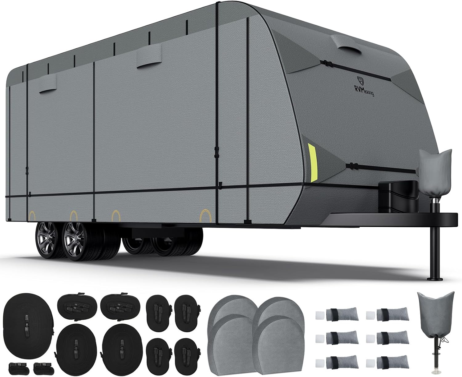 Heavy Duty 7 Layers Top Travel Trailer Cover with 4 Tire Cover for 20'1"-22', Windproof Rip-Stop Anti-UV RV Cover, Medium Gray 20'1"-22' Medium Gray
