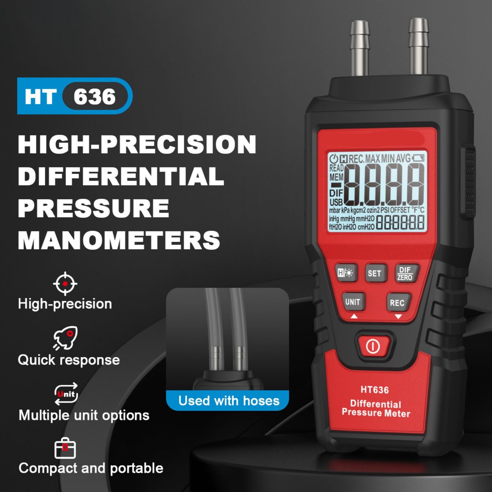 Misuratore di pressione portatile portatile Misuratore di pressione differenziale rileva misure di flussi e pressioni nella manutenzione industriale Manometro distintivo trasportabile