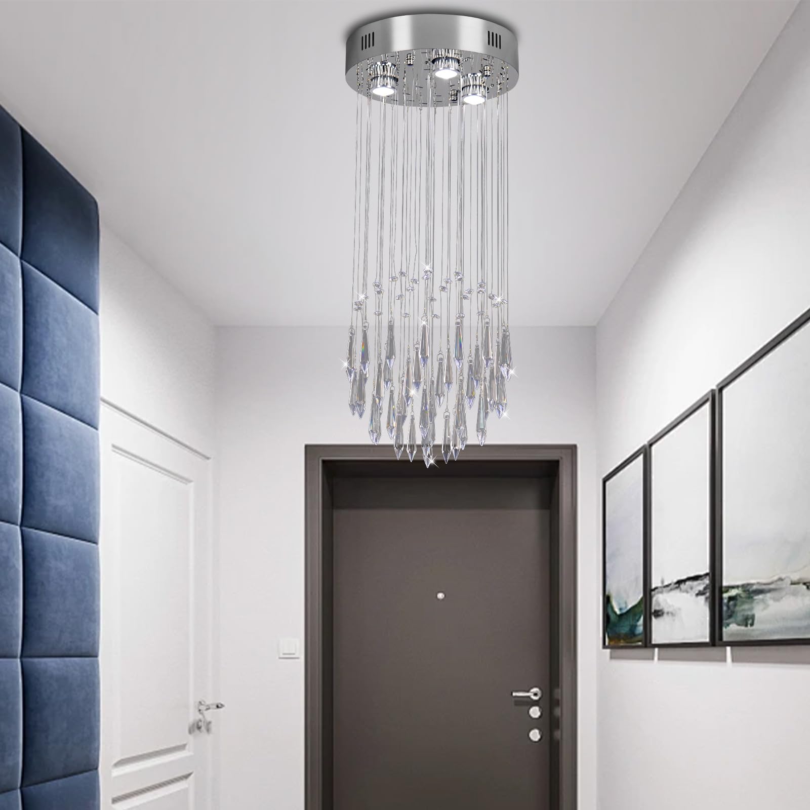 FRIXCHUR Crystal Chandelier Ceiling Light - 11.8" X 28.4" Flush Mount For Bathroom Entryway