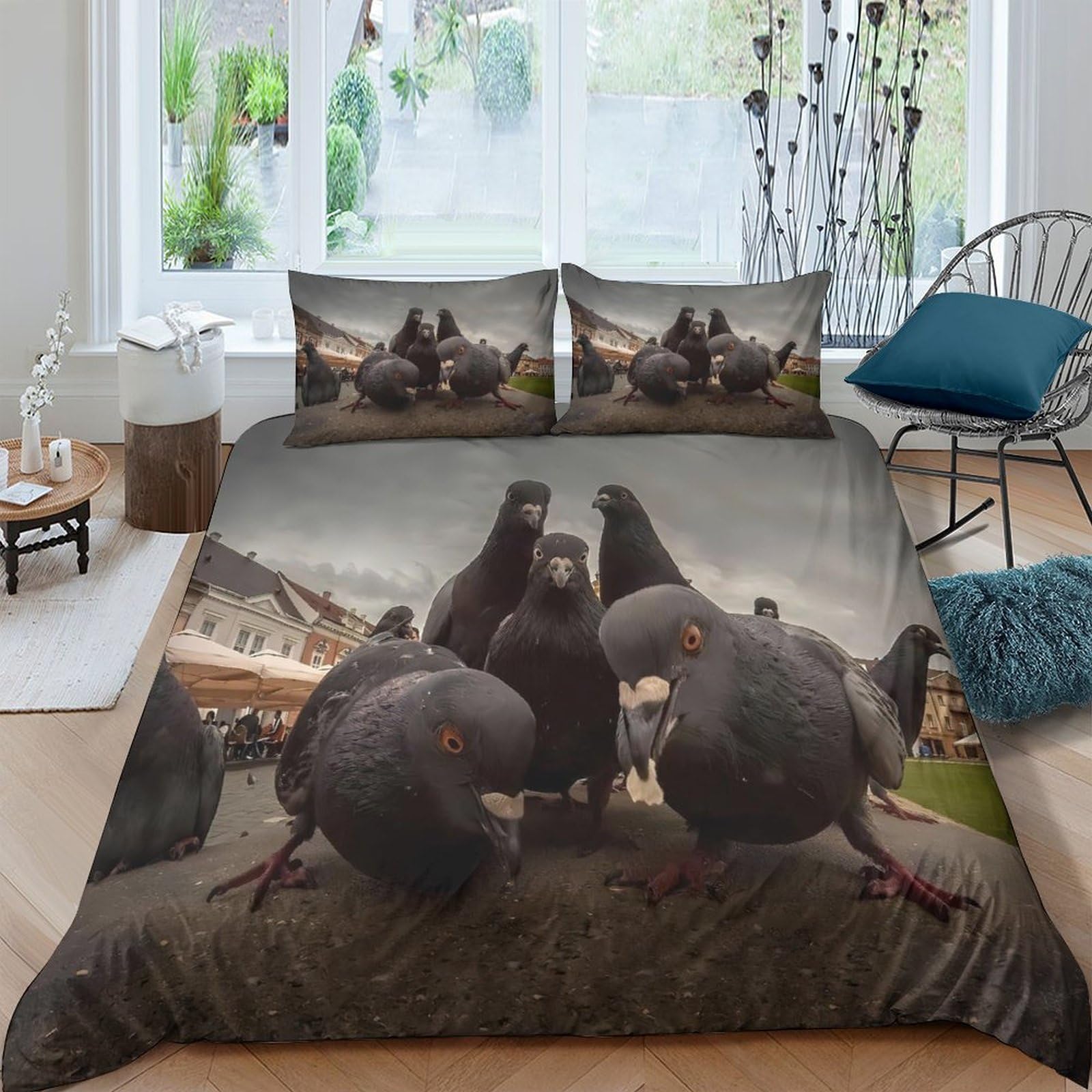 Ctjqhvkz Style-4 3D Printed Pigeon Gathering Fitted Sheet Microfiber Anti-Slip Urban Birds Bed Cover For Bedroom Dorm Decor Protection Single（135X200cm）