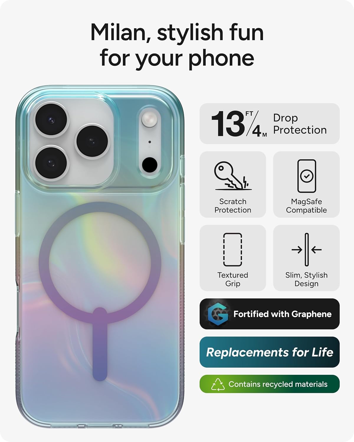 ZAGG Milan Snap Case for iPhone 17 Pro - Iridescent Bubble, Graphene Strengthened Phone Case with Drop Protection (13ft/4m), Textured Edges & Sparkle Design, MagSafe Charging Compatible