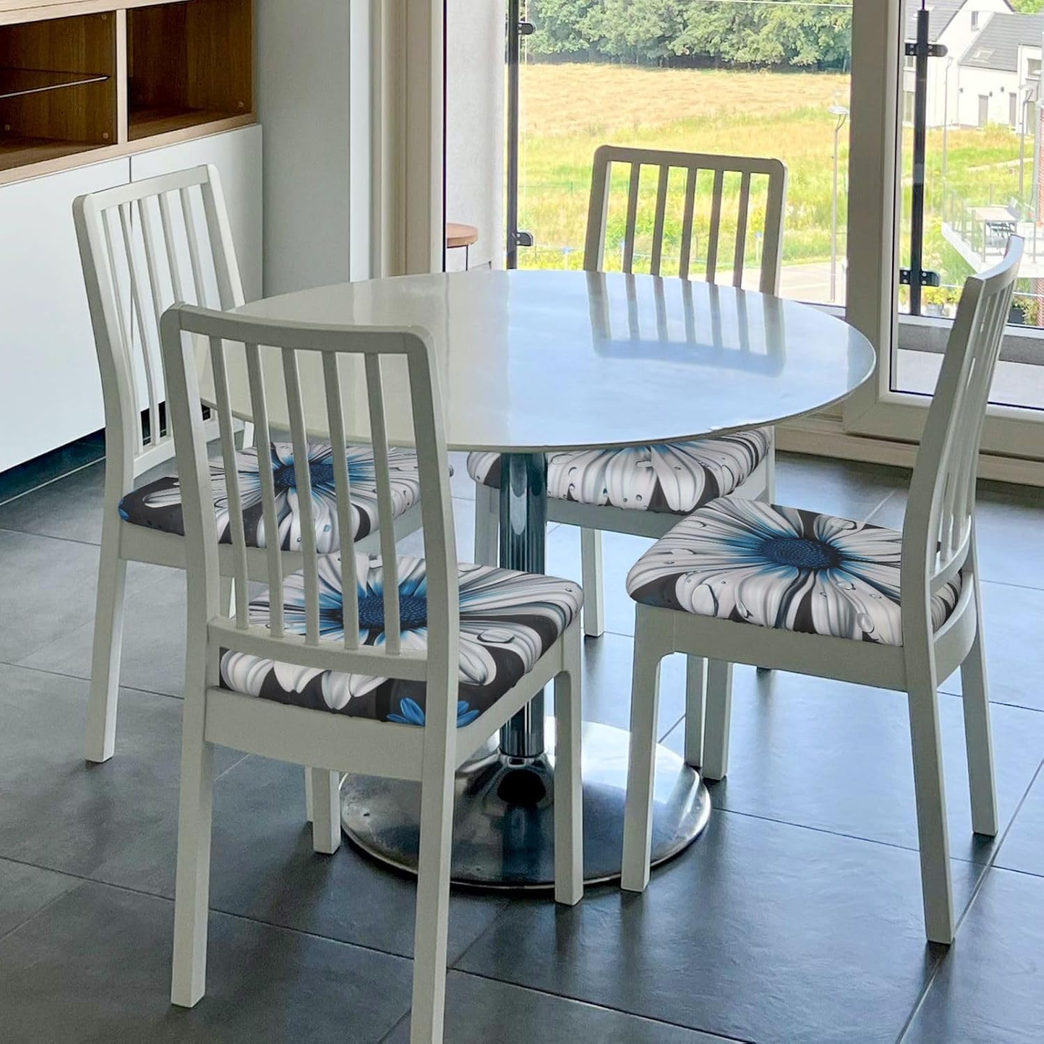 White Blue Daisy Print Square Cushion Covers 6 Pcs Set Elastic Non-Slip Seat Cushion Slipcovers Pet Furniture Protectors for Chair, Sofa